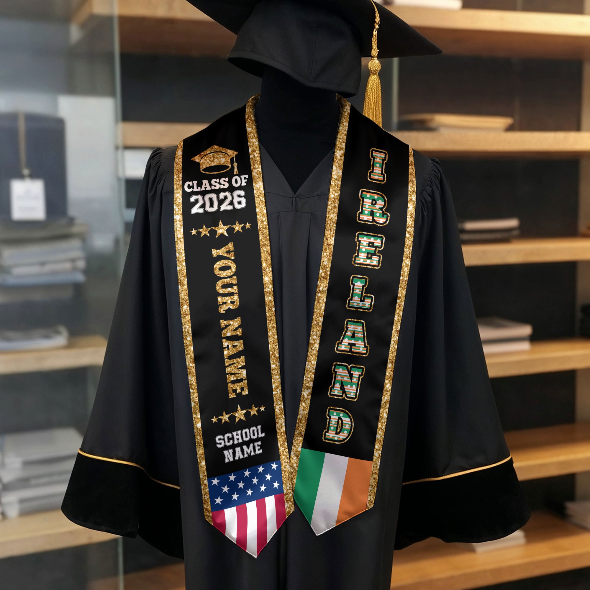 Ireland Graduation Stole 2026, Ireland Flag Sash, Personal Detail Option for Graduates