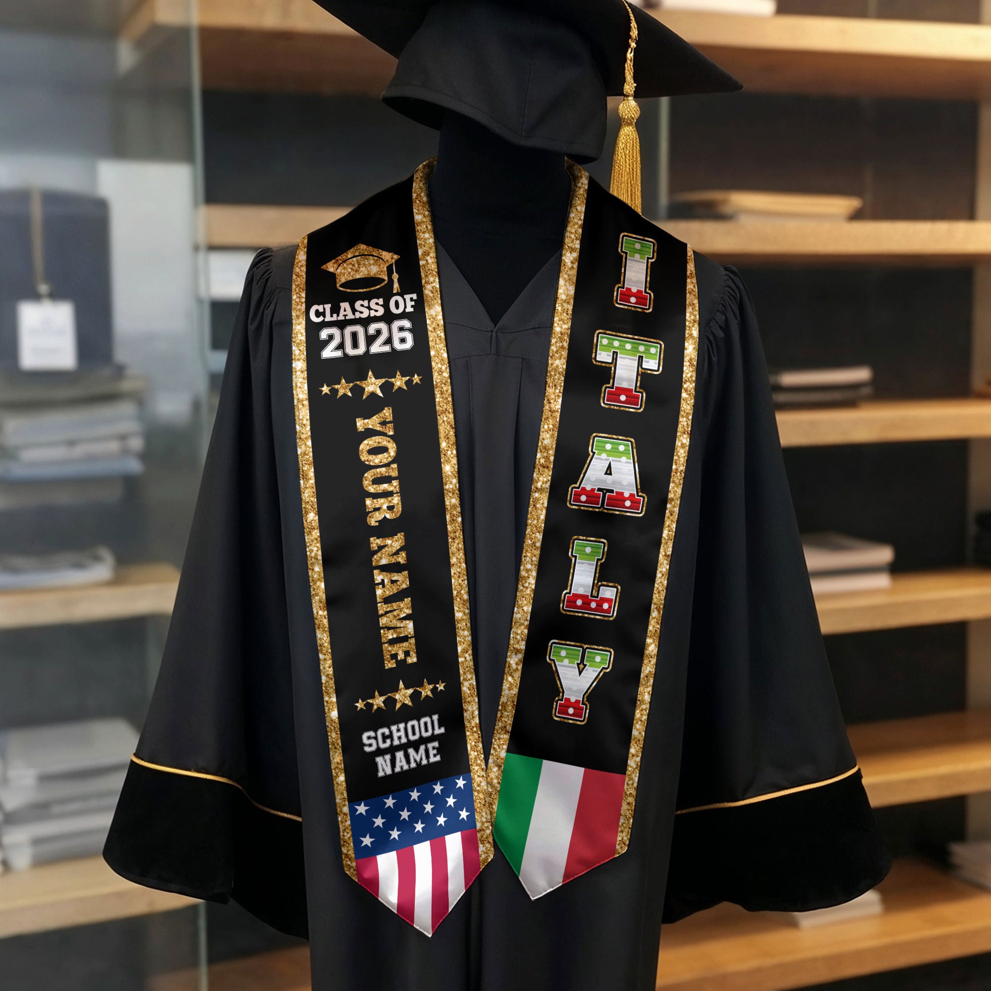 Italy Graduation Stole 2026, Italy Flag Sash, Personal Detail Option for Graduates
