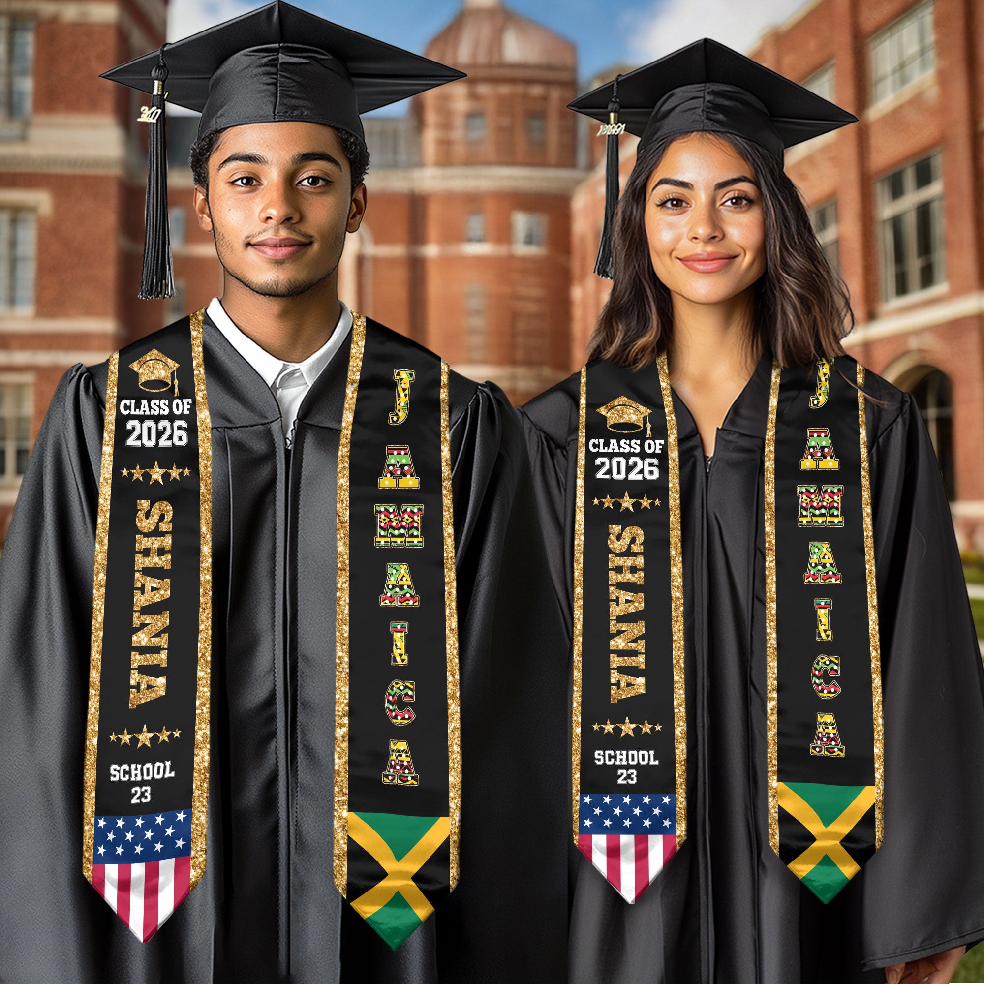 Jamaica Graduation Stole 2026, Jamaica Flag Sash, Personal Detail Option for Graduates