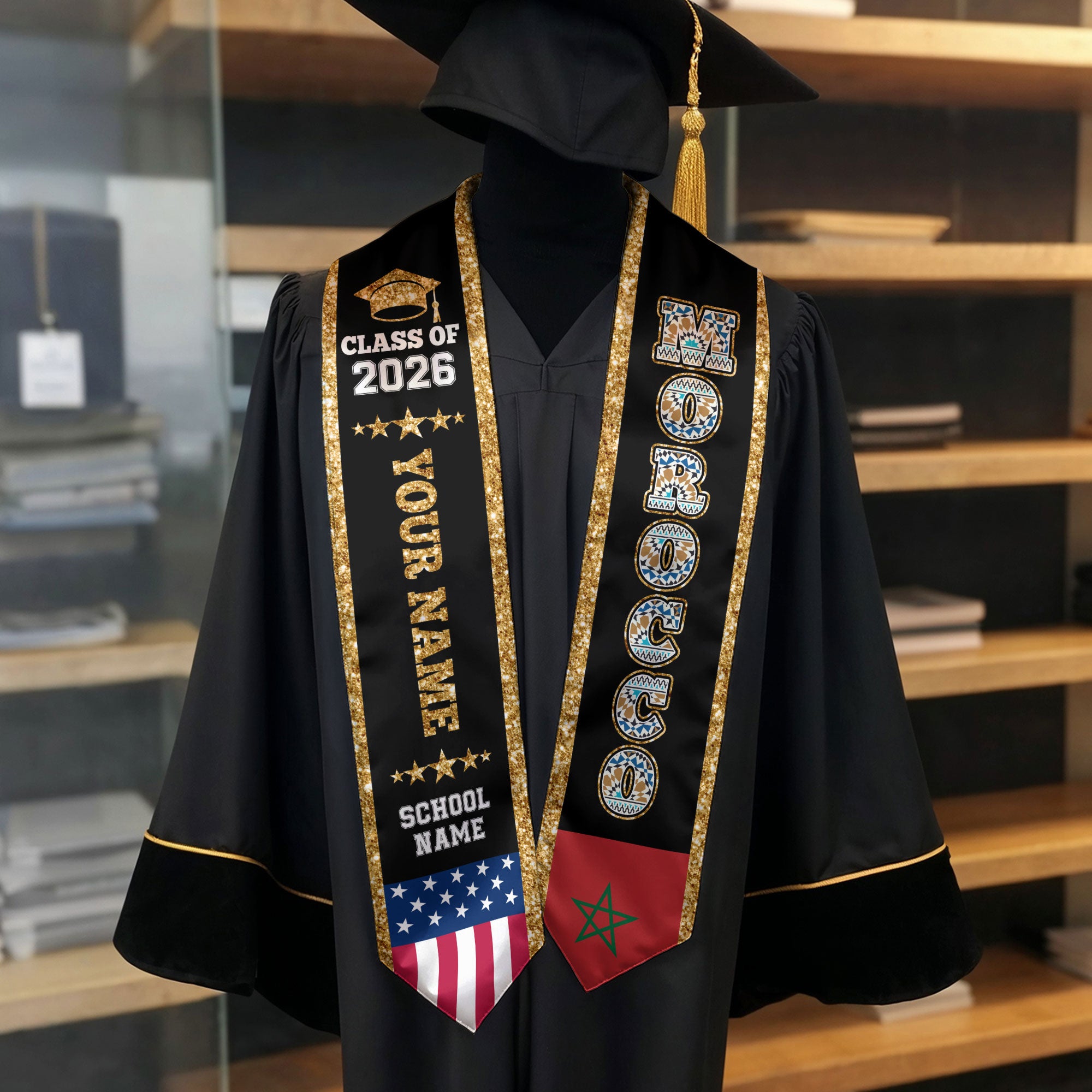 Morocco Graduation Stole 2026, Morocco Flag Sash, Personal Detail Option for Graduates