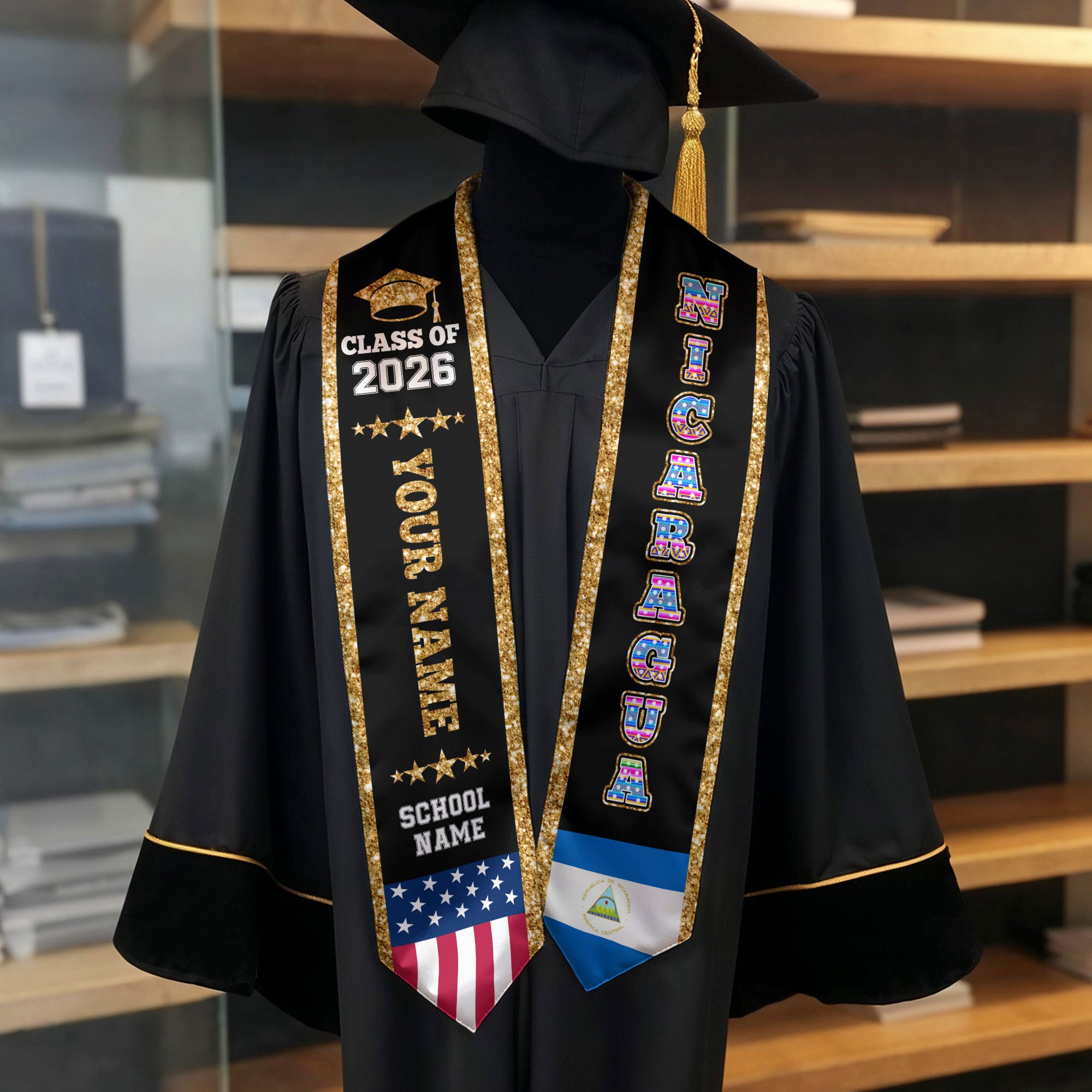 Nicaragua Graduation Stole 2026, Nicaragua Flag Sash, Personal Detail Option for Graduates