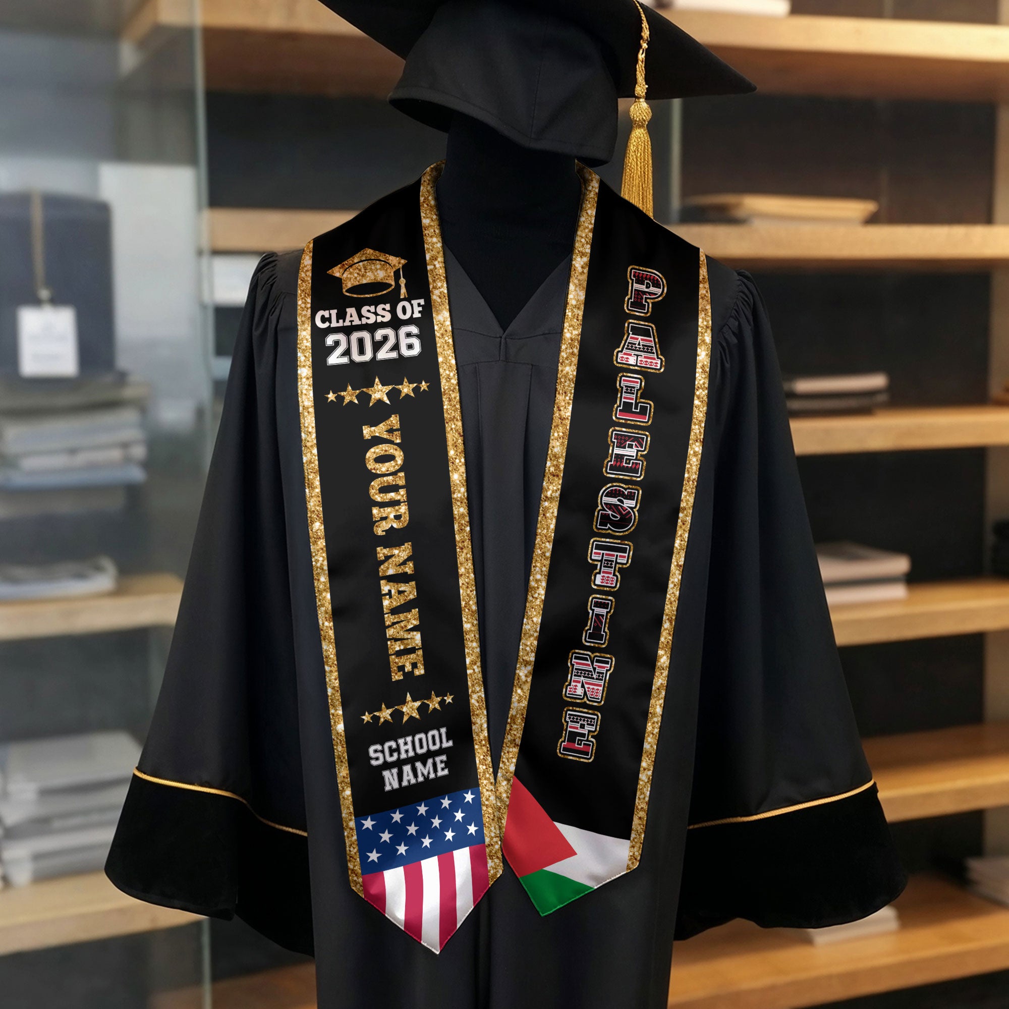 Palestine Graduation Stole 2026, Palestine Flag Sash, Personal Detail Option for Graduates