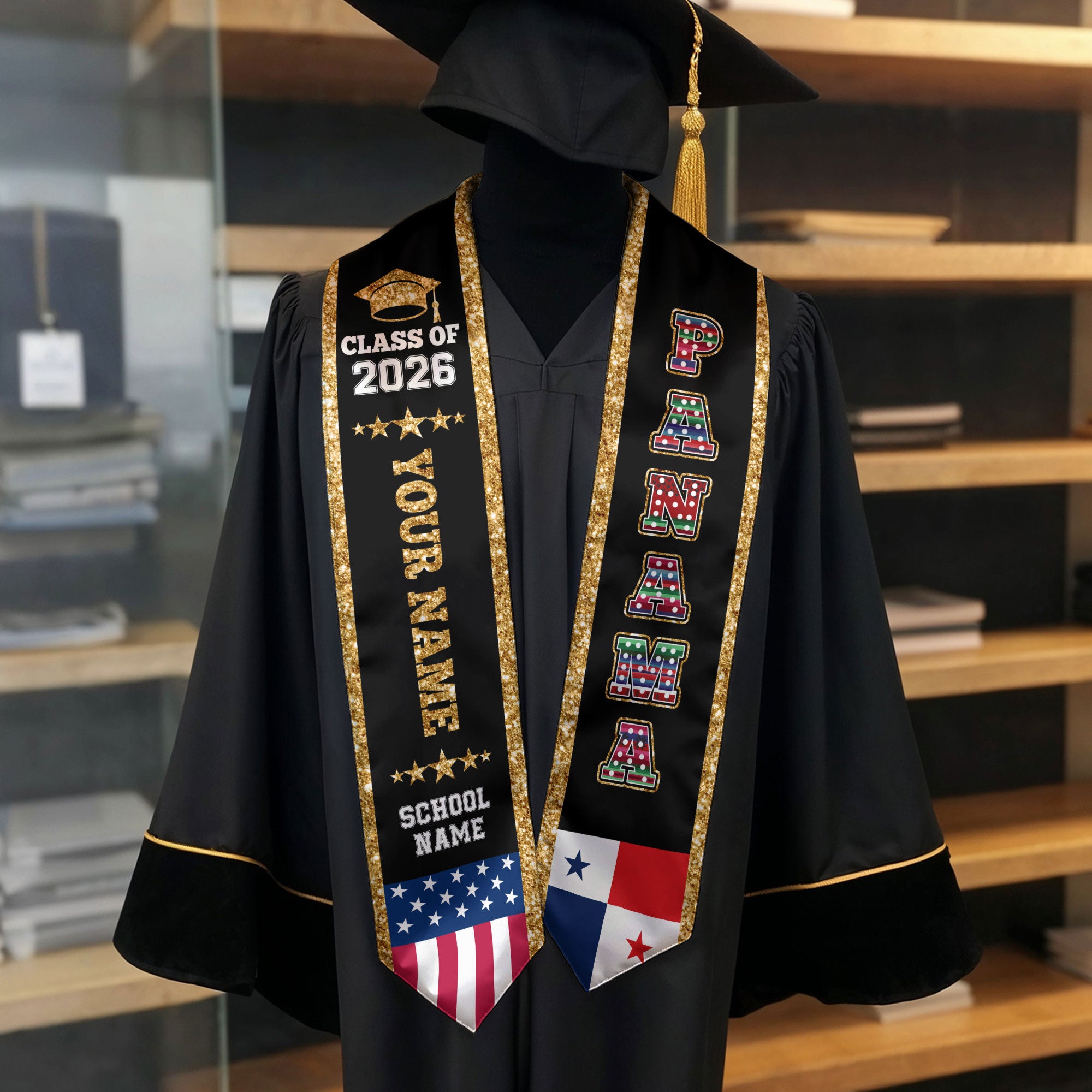 Panama Graduation Stole 2026, Panama Flag Sash, Personal Detail Option for Graduates
