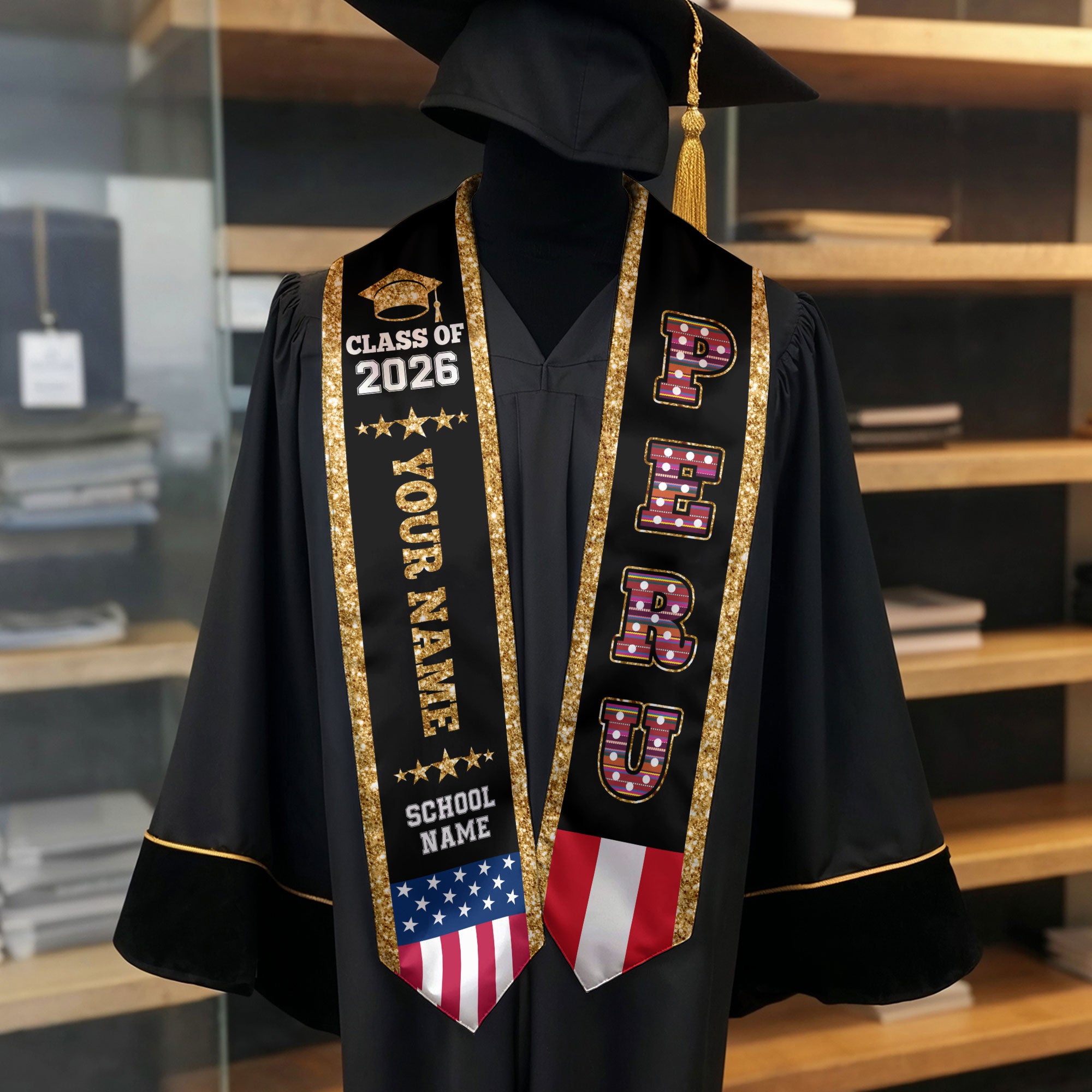 2026 Peru Flag Graduation Stole, Peru Sash, Personal Detail Option for Grads Ceremony
