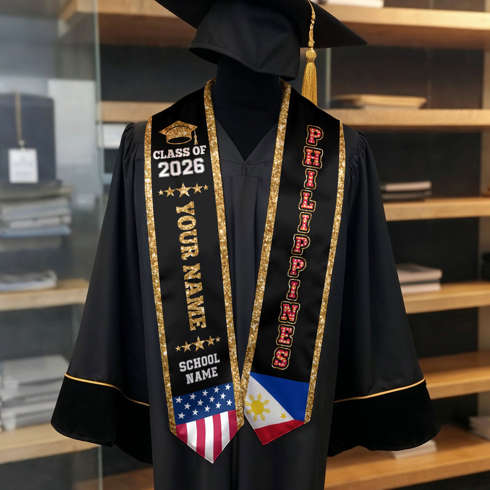Philippines Graduation Stole 2026, Flag Sash, Personal Detail Option for Grads Ceremony