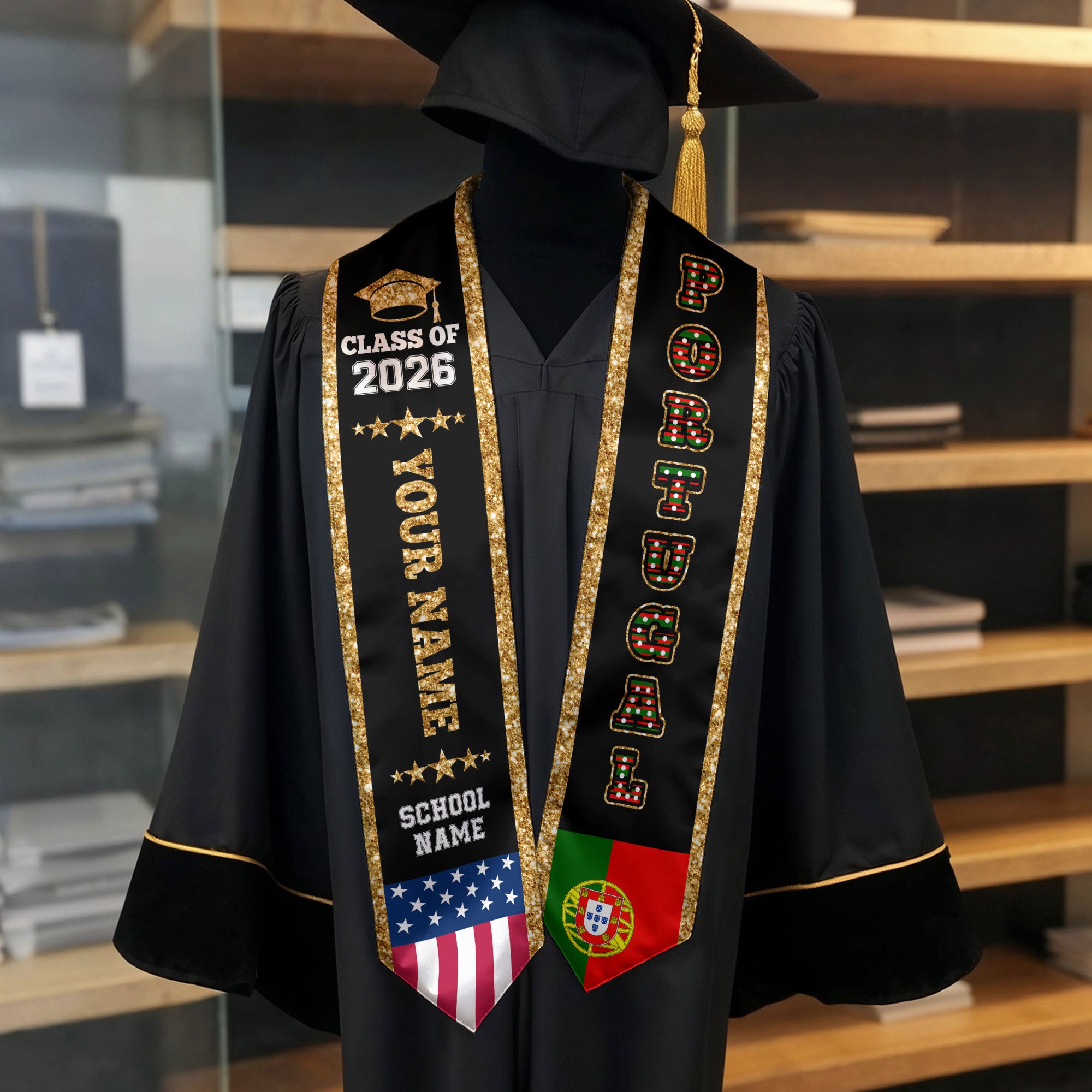 Portugal Graduation Stole 2026, Portugal Flag Sash, Personal Detail Option for Graduates