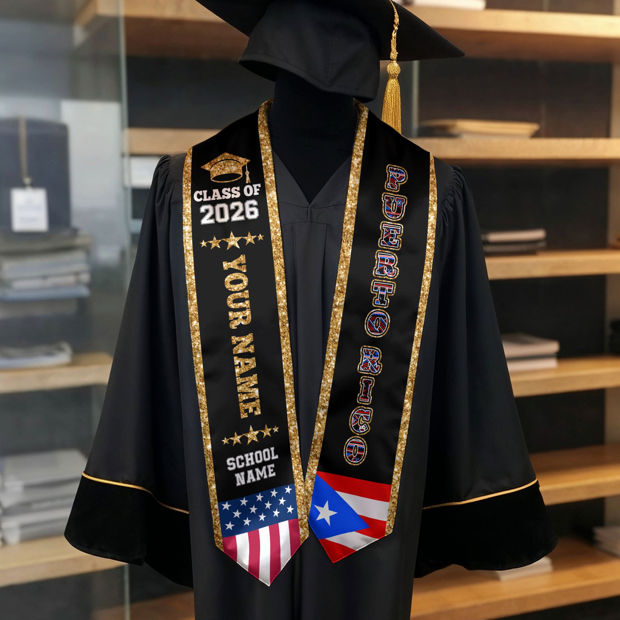 2026 PuertoRico Flag Graduation Stole, PuertoRico Sash, Personal Detail Option for Grads