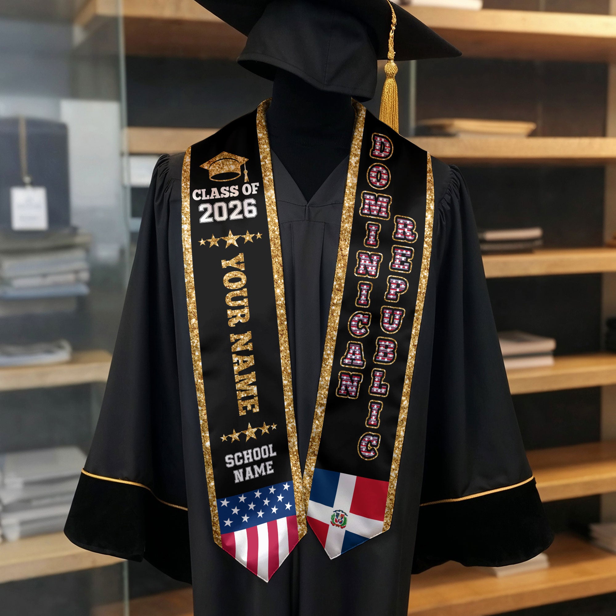 Dominican Republic Graduation Stole 2026, Flag Sash, Personal Detail Option for Grads