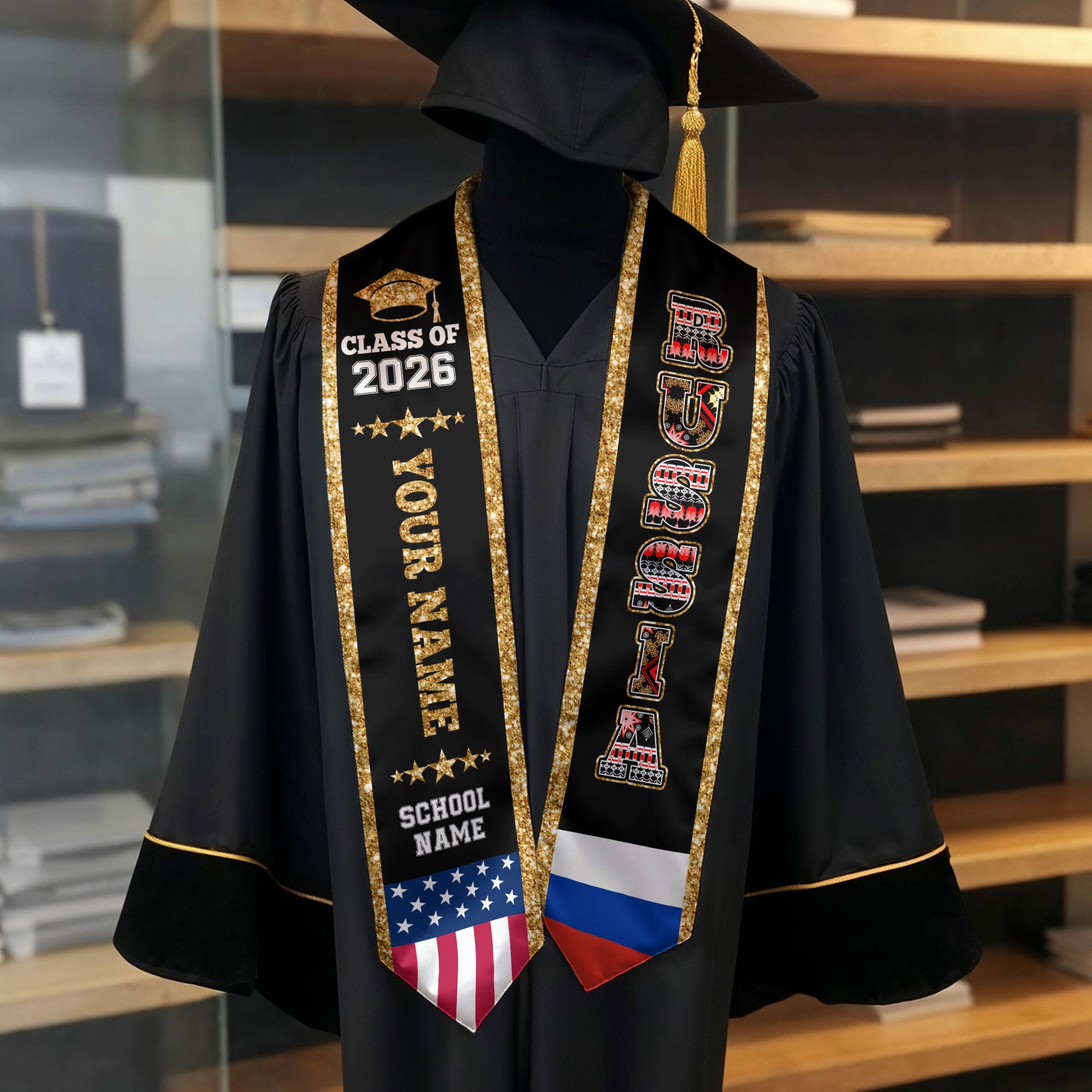 Russia Graduation Stole 2026, Russia Flag Sash, Personal Detail Option for Graduates