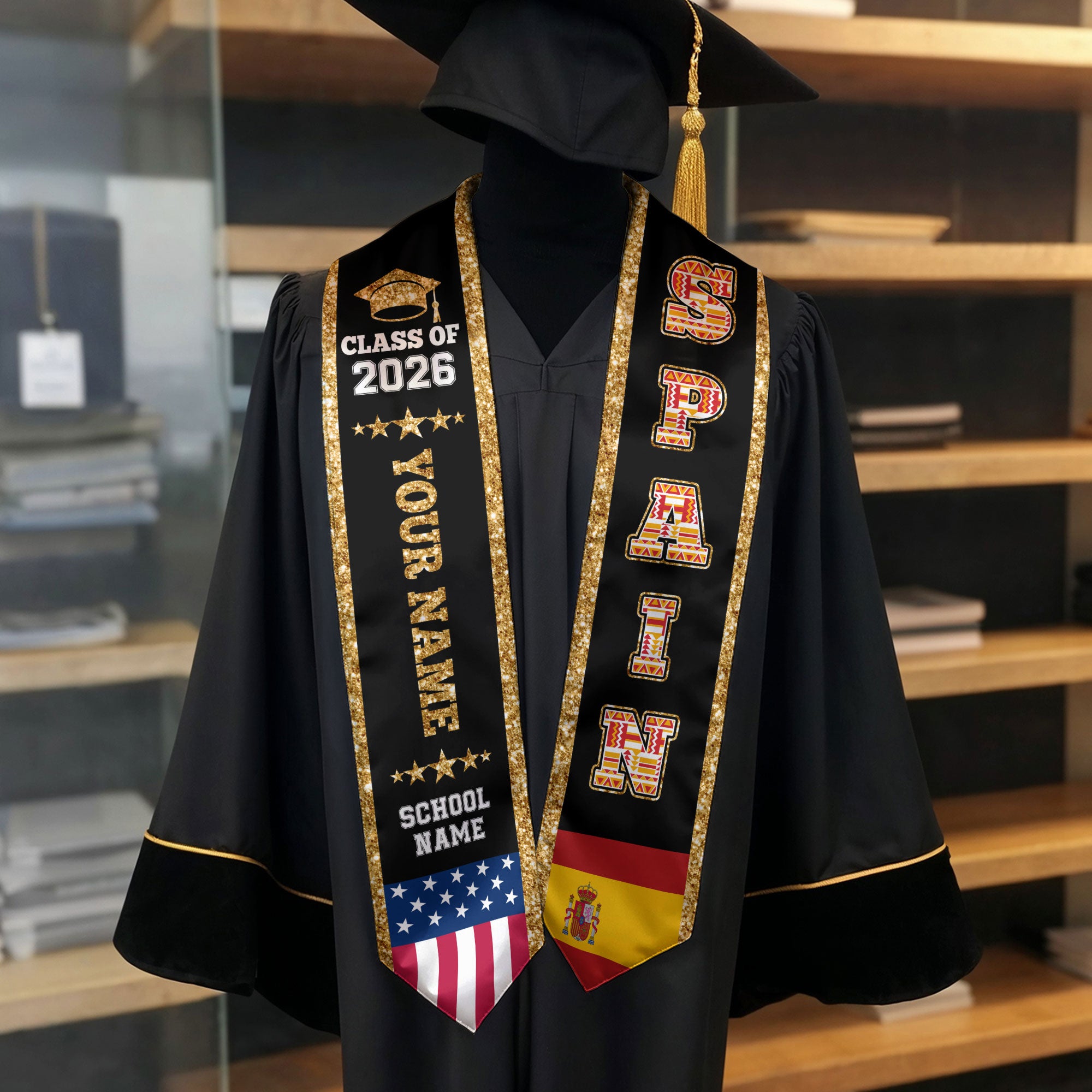 Spain Graduation Stole 2026, Spain Flag Sash, Personal Detail Option for Graduates