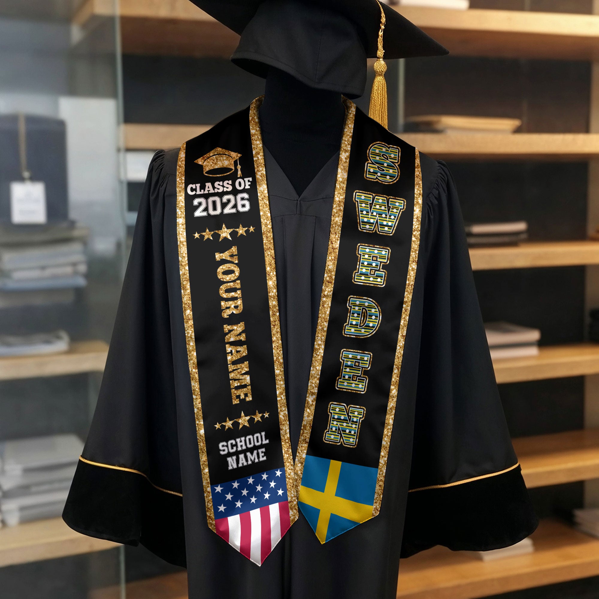 Sweden Graduation Stole 2026, Sweden Flag Sash, Personal Detail Option for Graduates