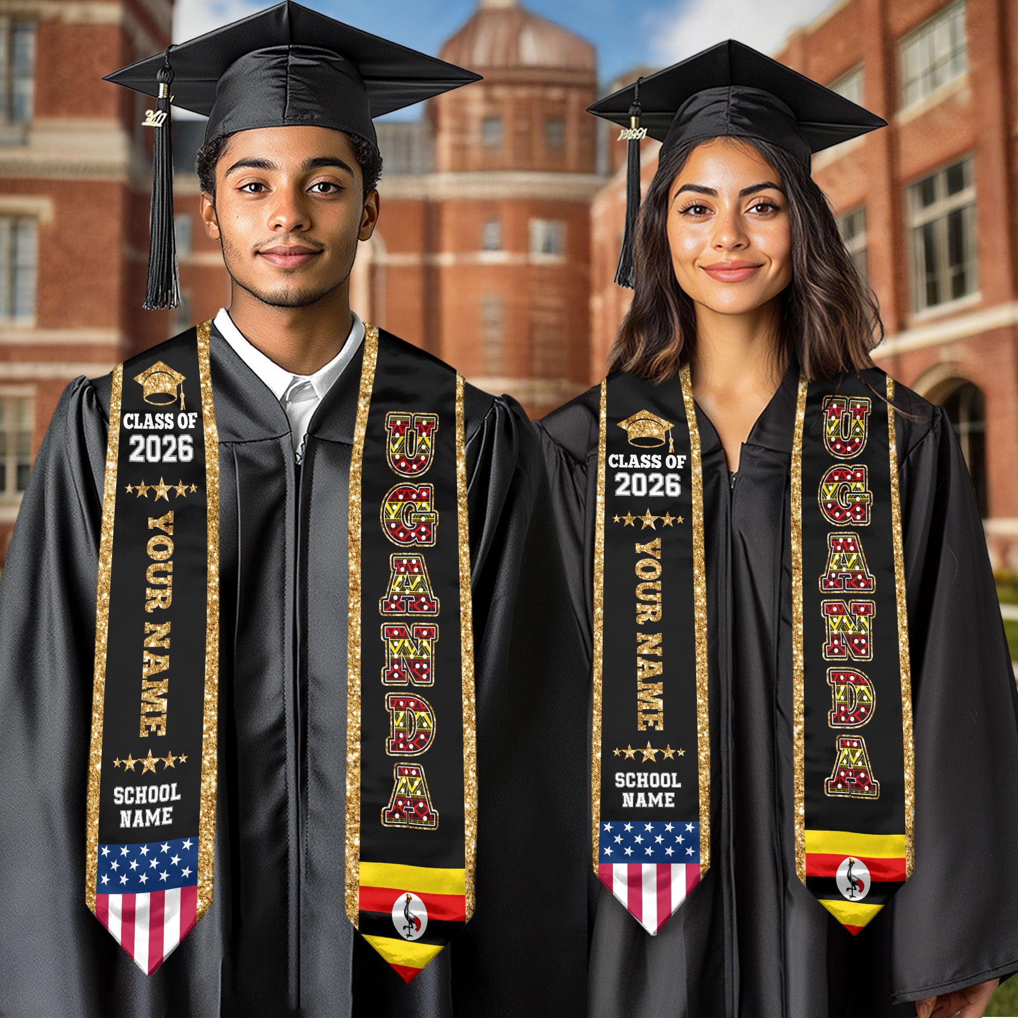 Uganda Graduation Stole 2026, Uganda Flag Sash, Personal Detail Option for Graduates