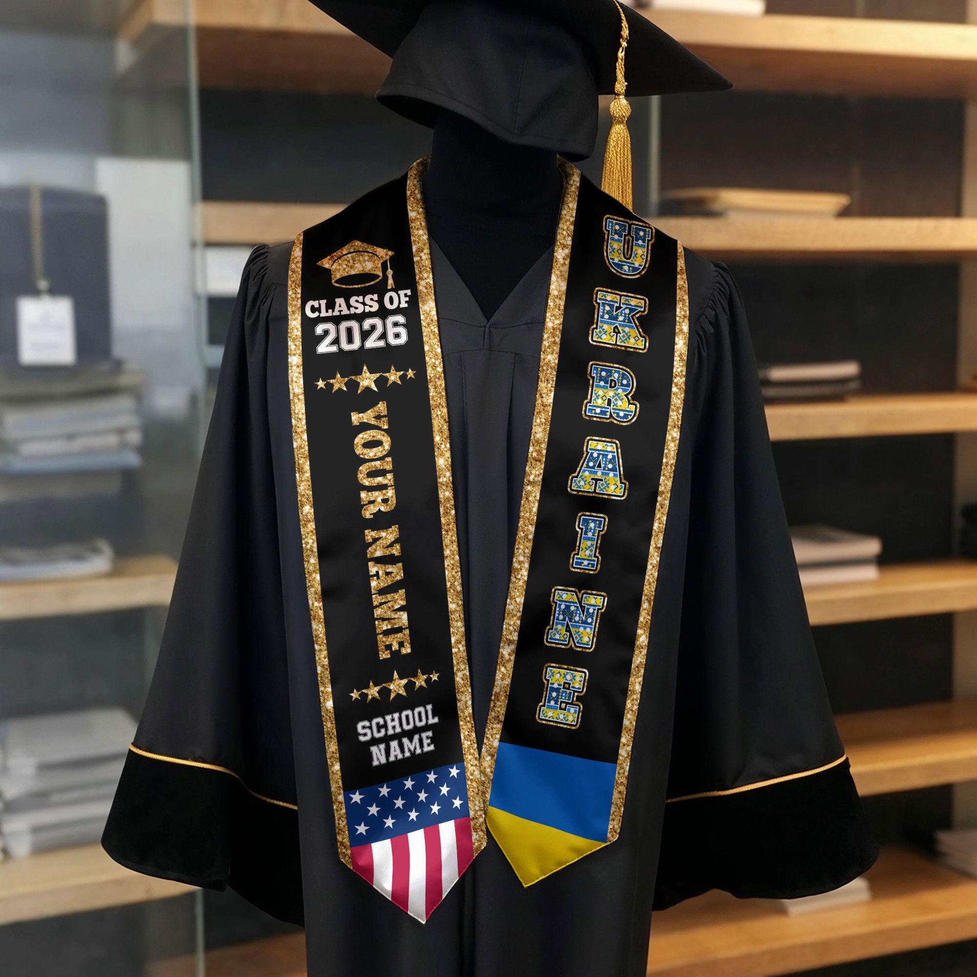Ukraine Graduation Stole 2026, Ukraine Flag Sash, Personal Detail Option for Graduates