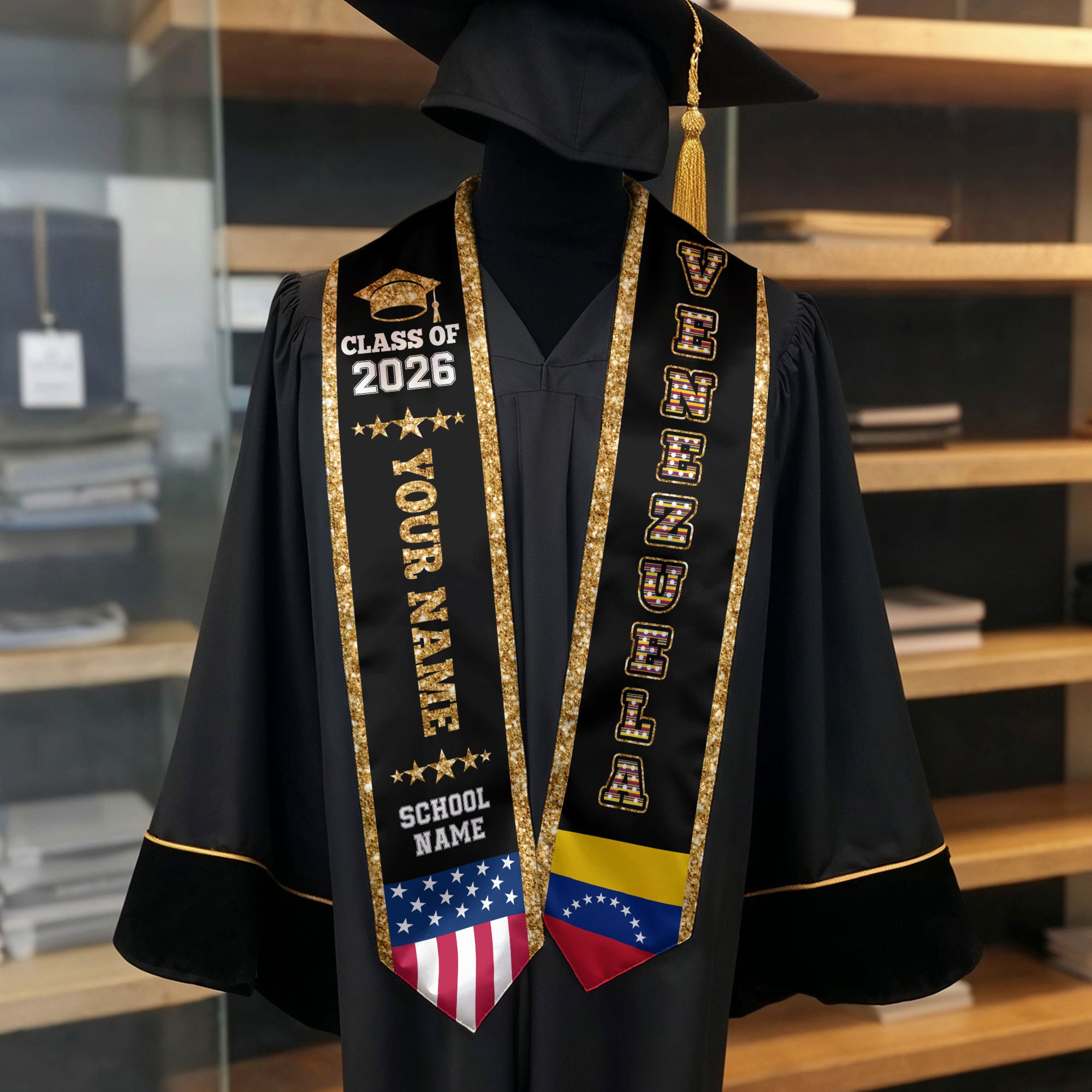 Venezuela Graduation Stole 2026, Venezuela Flag Sash, Personal Detail Option for Graduates