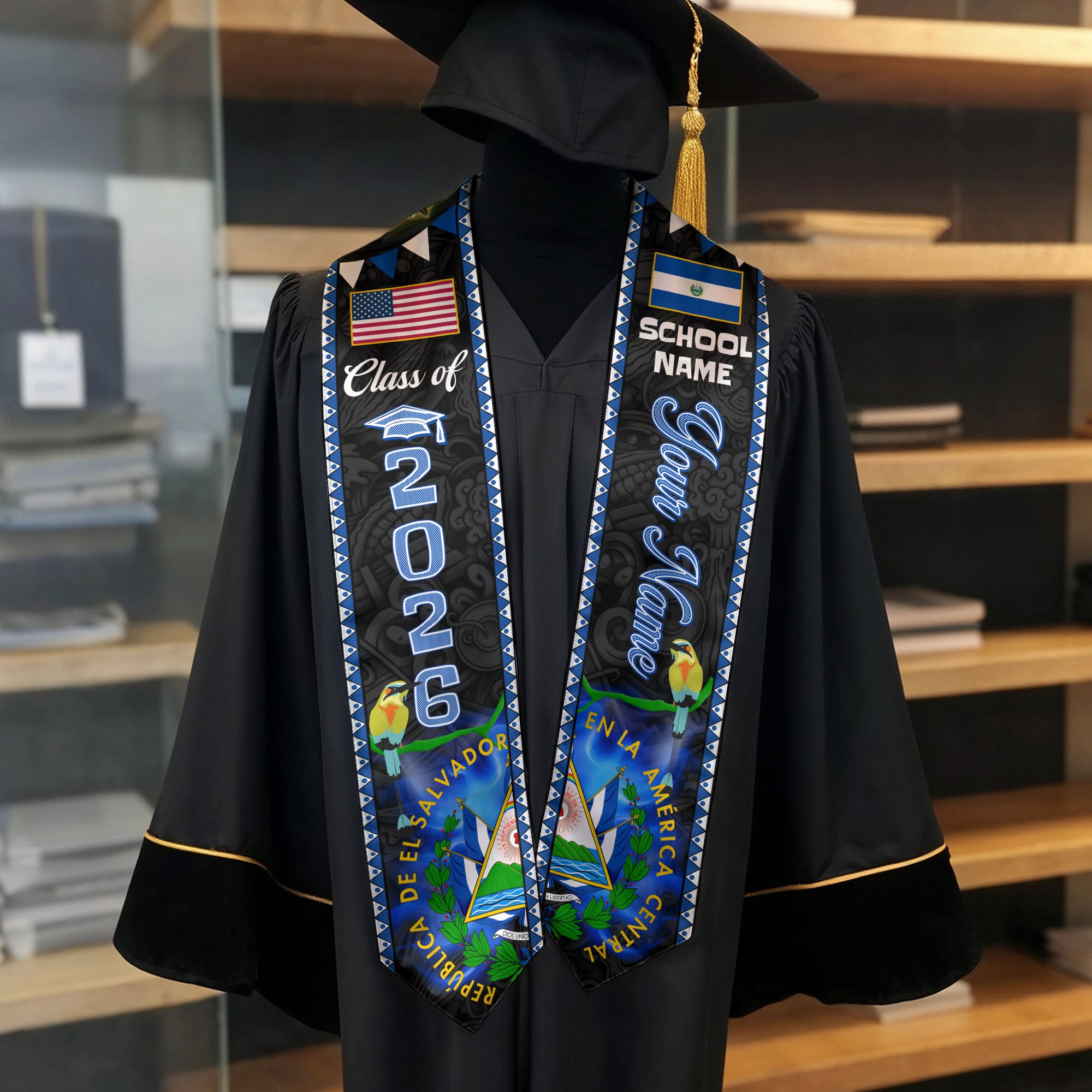 Customized El Salvador Graduation Stole, Salvadoran Flag Stole, Custom Graduation Sash 2026, Class of 2026