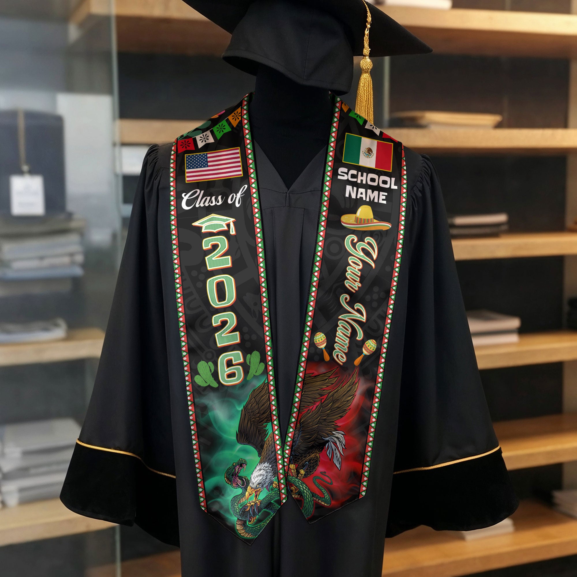 Mexico Graduation Stole 2026, Mexican Flag Sash, Add Name & Year Detail Option for Grads