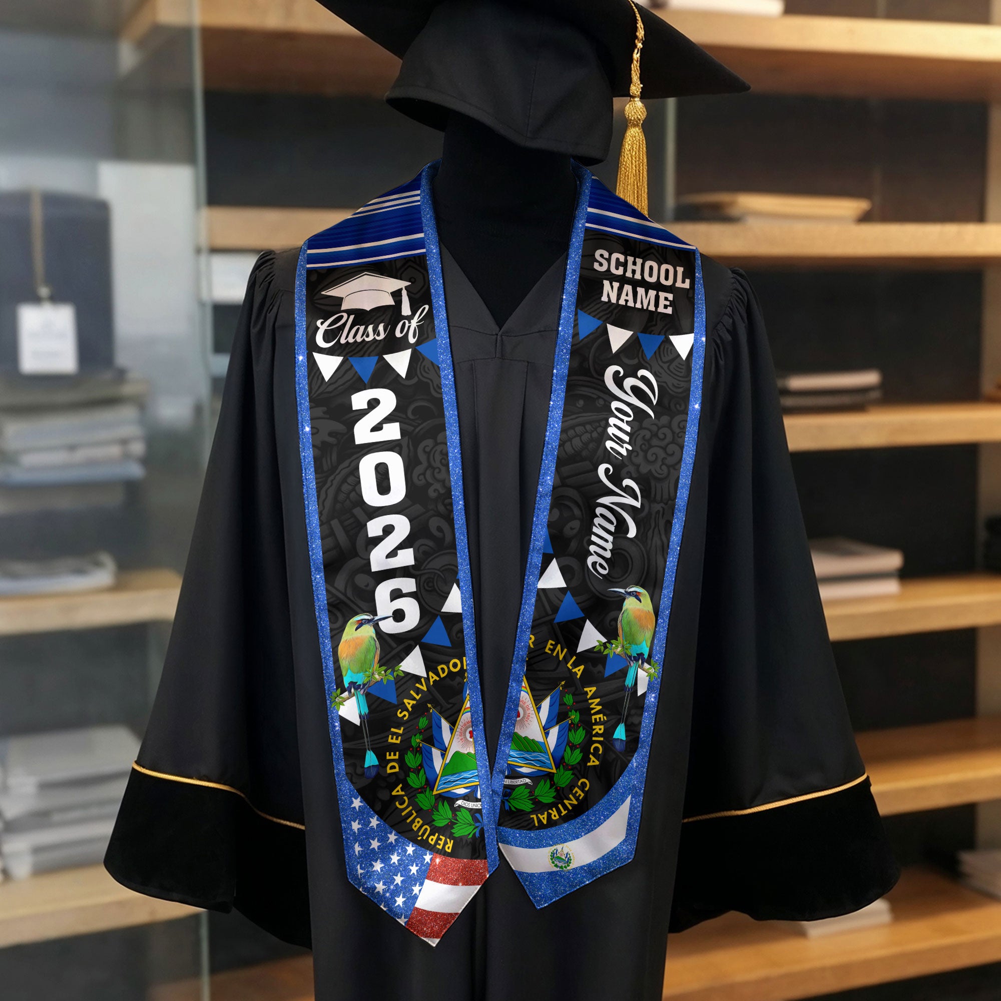 Customized El Salvador Graduation Sash, El Salvador Flag Graduation Stole, Personalized Graduation Stole 2026