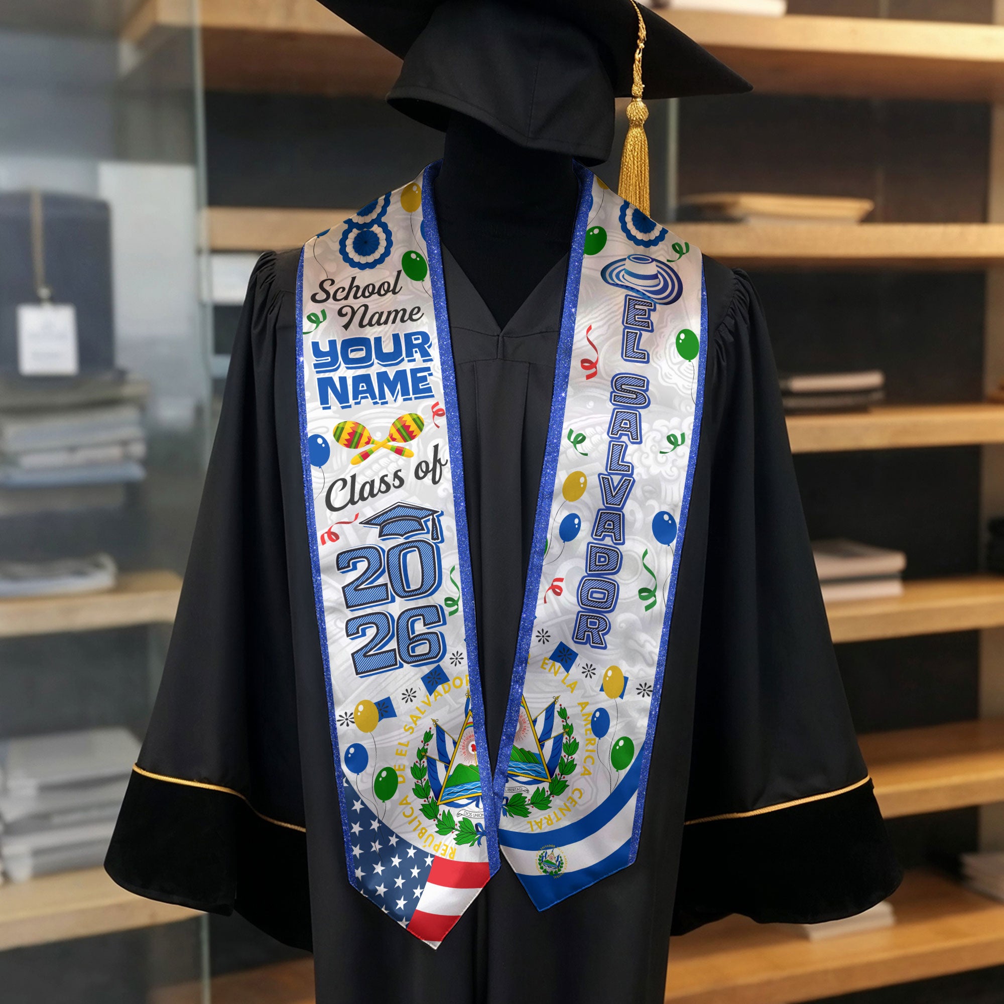 Customized Graduation Stole El Salvador, El Salvador Flag Graduation Sash, Custom Stole for Graduation 2026