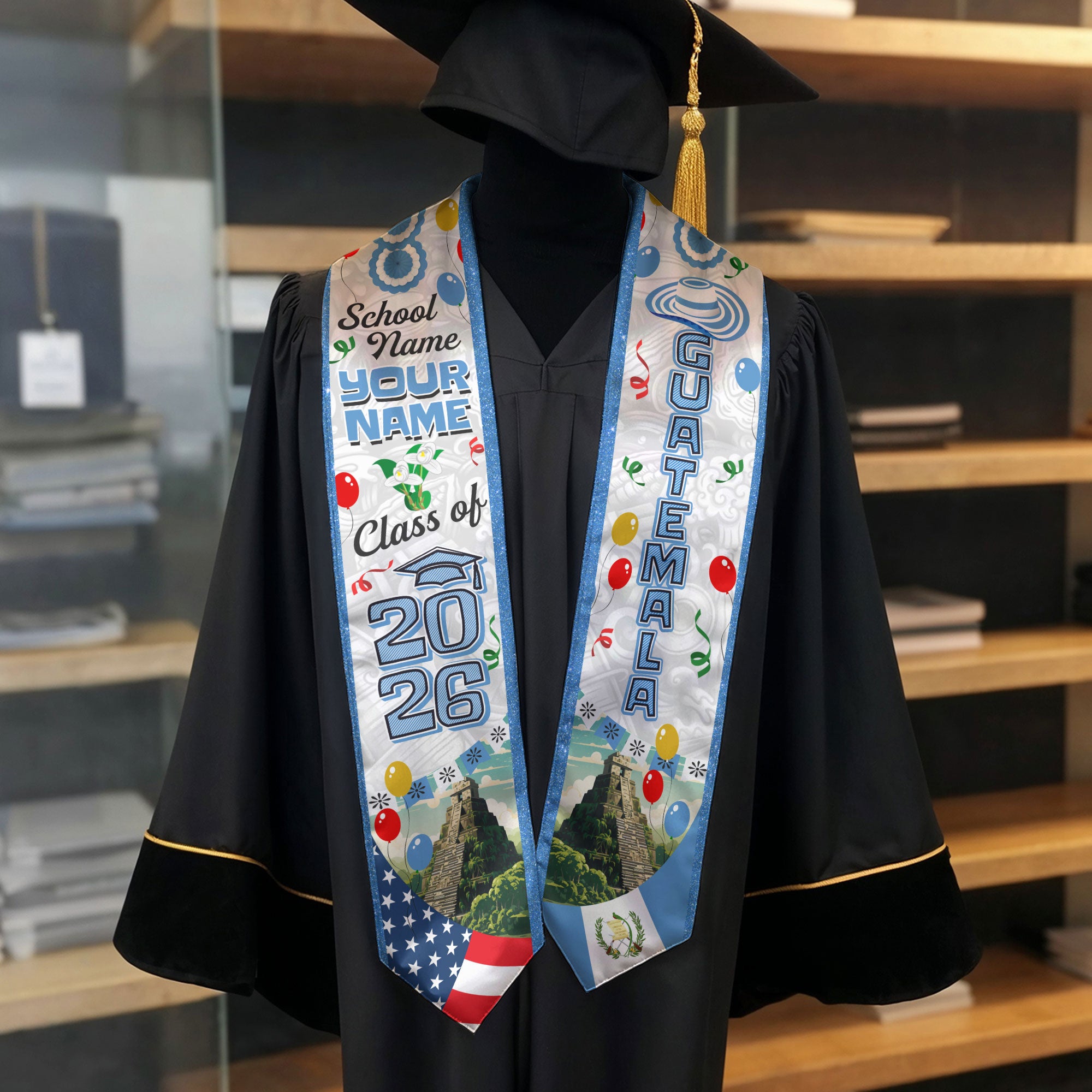Customized Graduation Stole Guatemala, Guatemala Flag Graduation Sash, Custom Stole for Graduation 2026