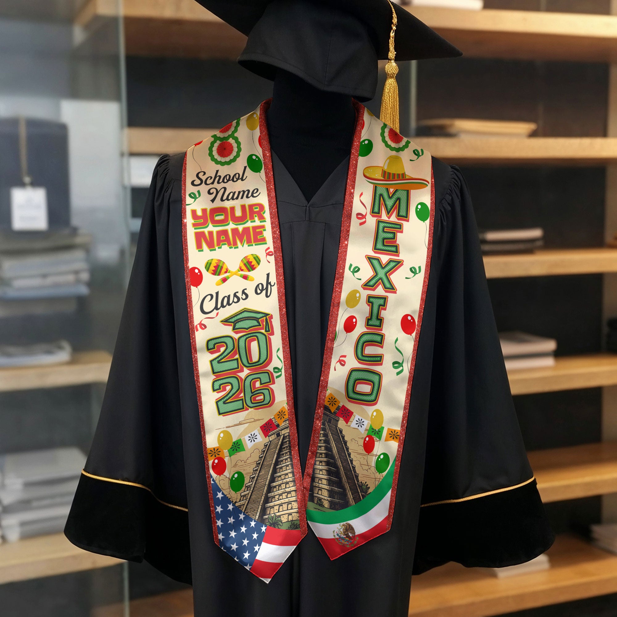 Mexican Graduation Sash 2026, Mexico Flag Stole, Name Detail Option for Ceremony Photos
