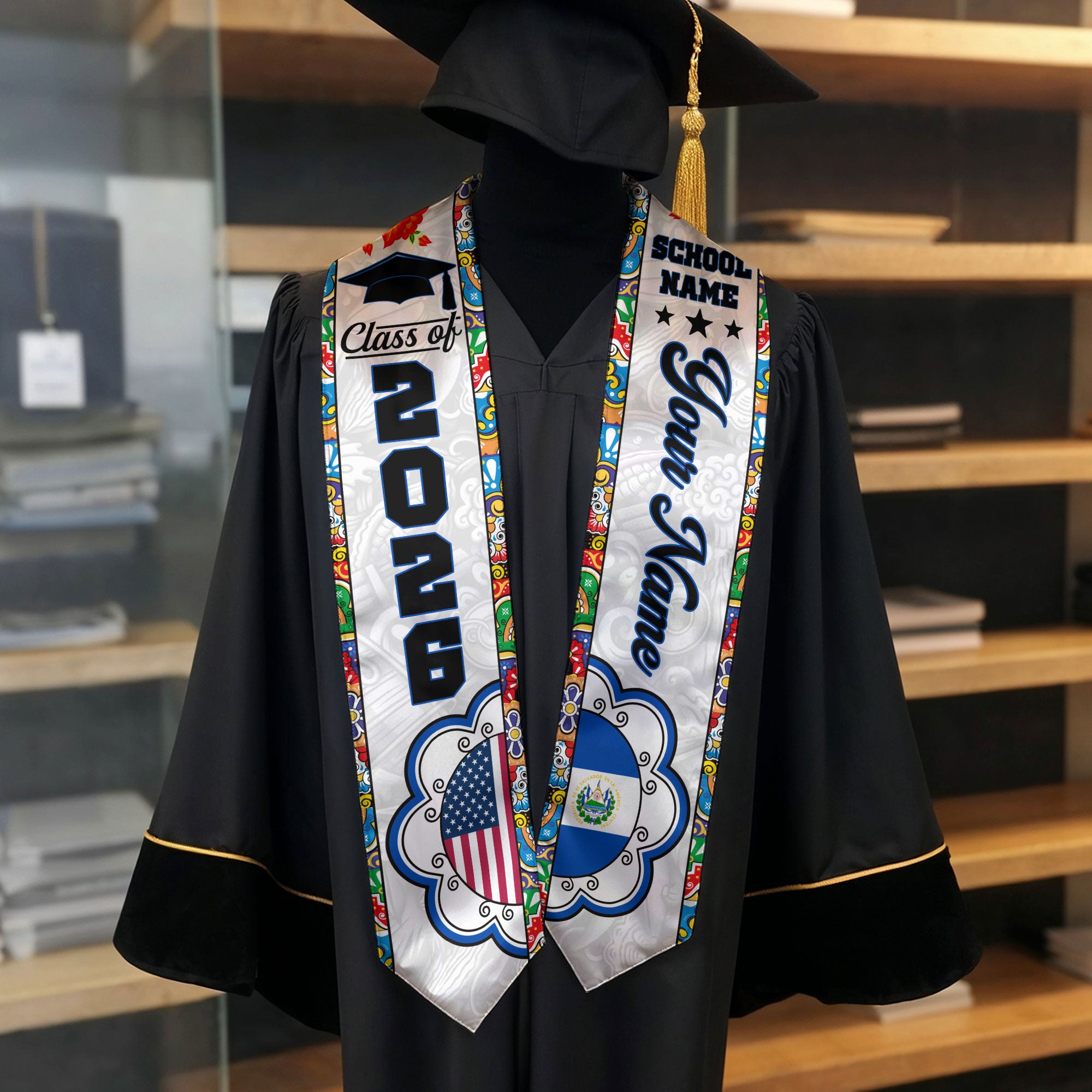 Customized El Salvador American Graduation Stole, El Salvador Flag Graduation Sash, Class of 2026