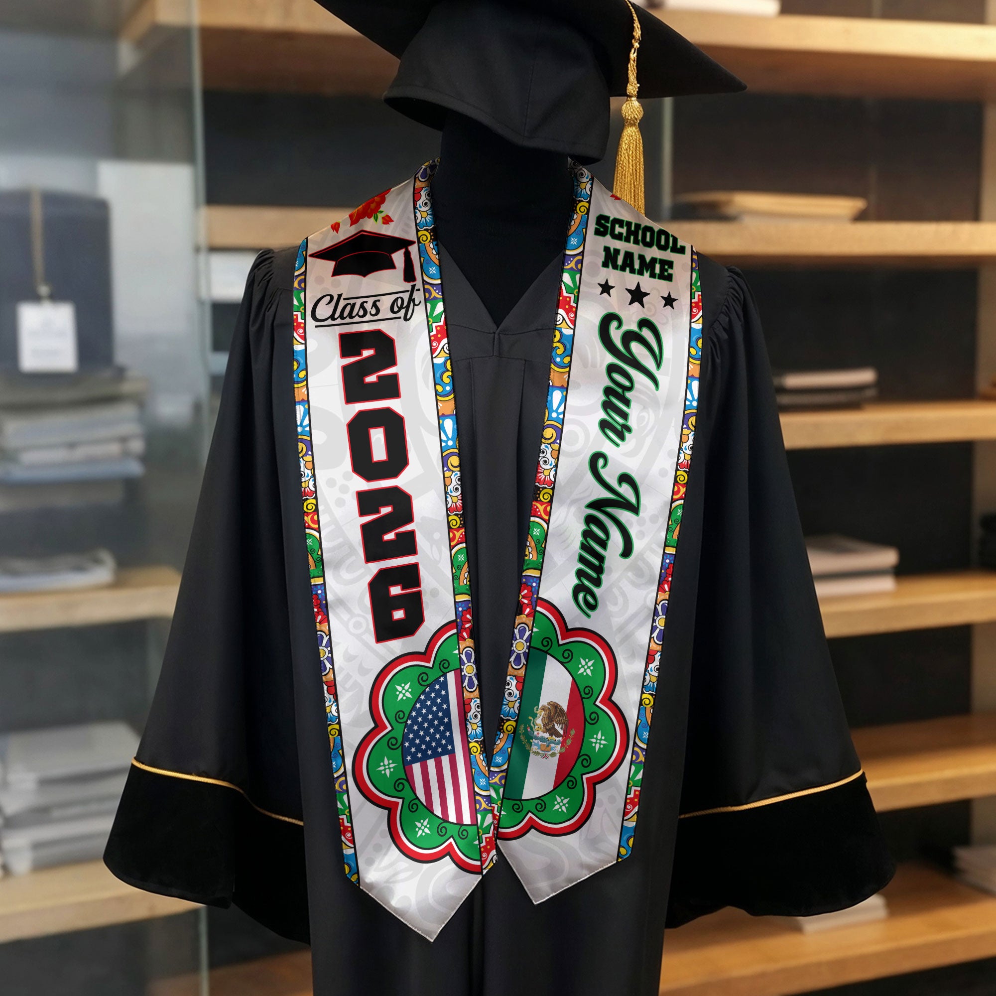 2026 Mexico Flag Graduation Stole, Mexican Sash for Grads, Optional Name Detail