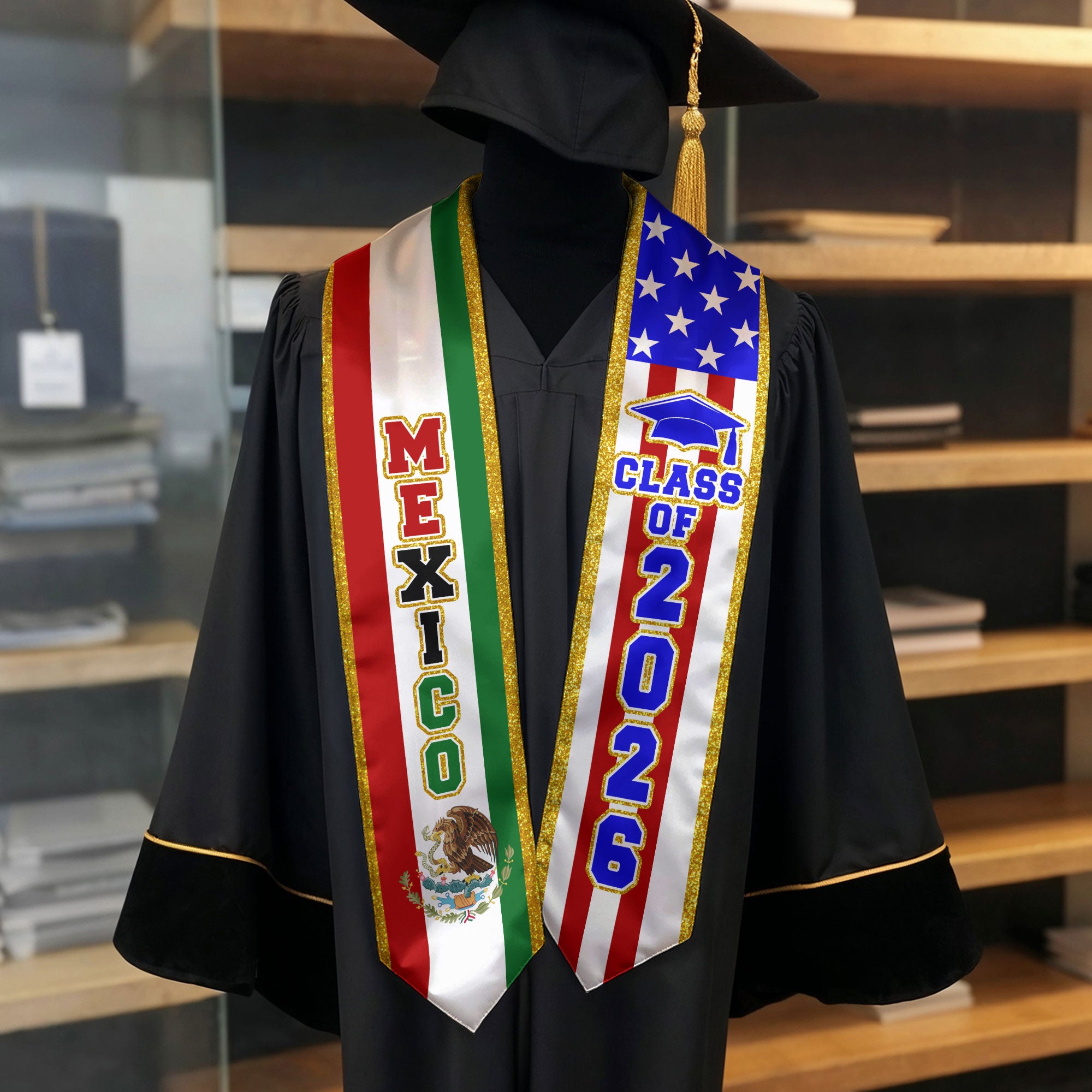 Mexico Flag Graduation Stole 2026, Mexican Sash for Graduation, Classic Photo Ceremony