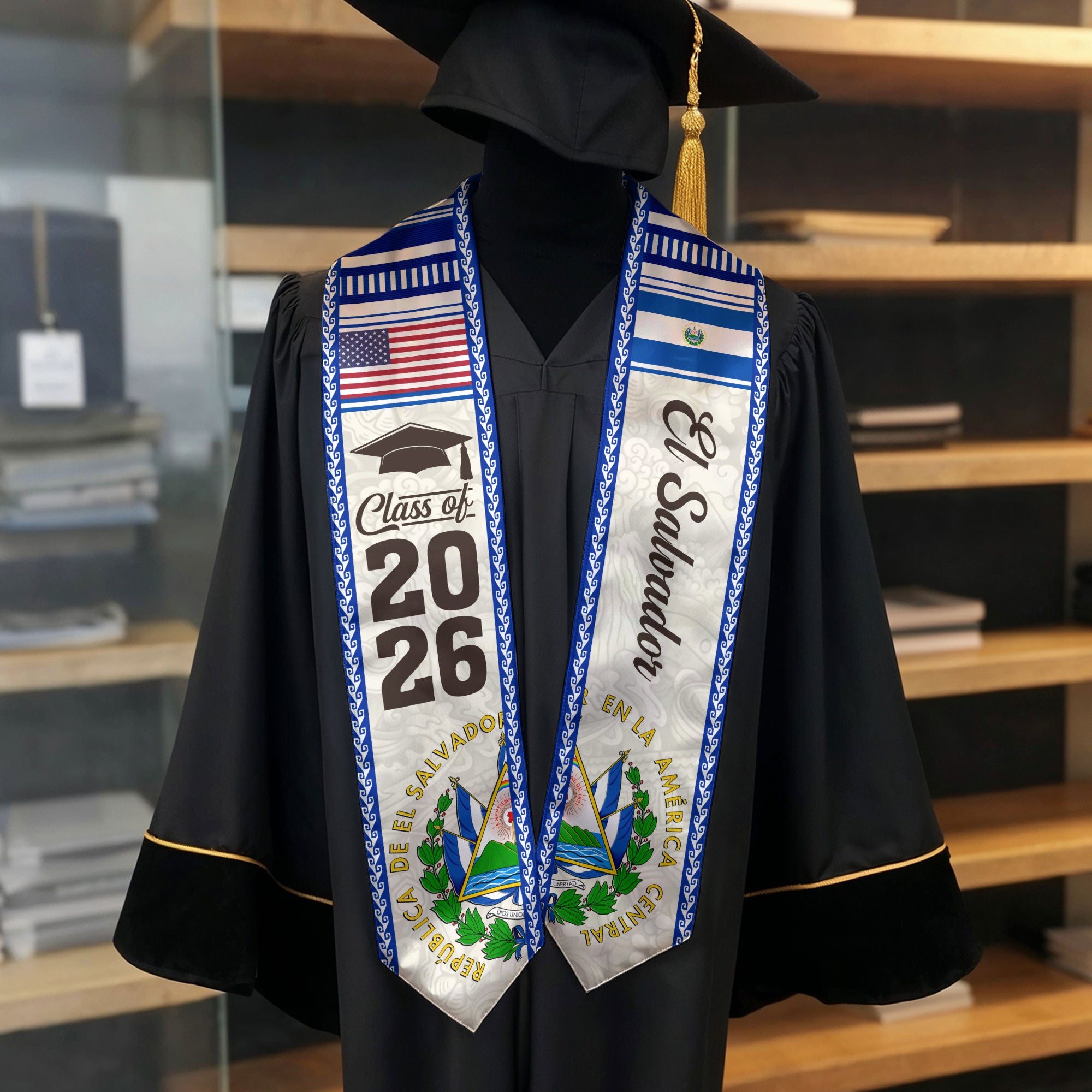 El Salvador American Graduation Stole, El Salvador Flag Graduation Sash Class of 2026