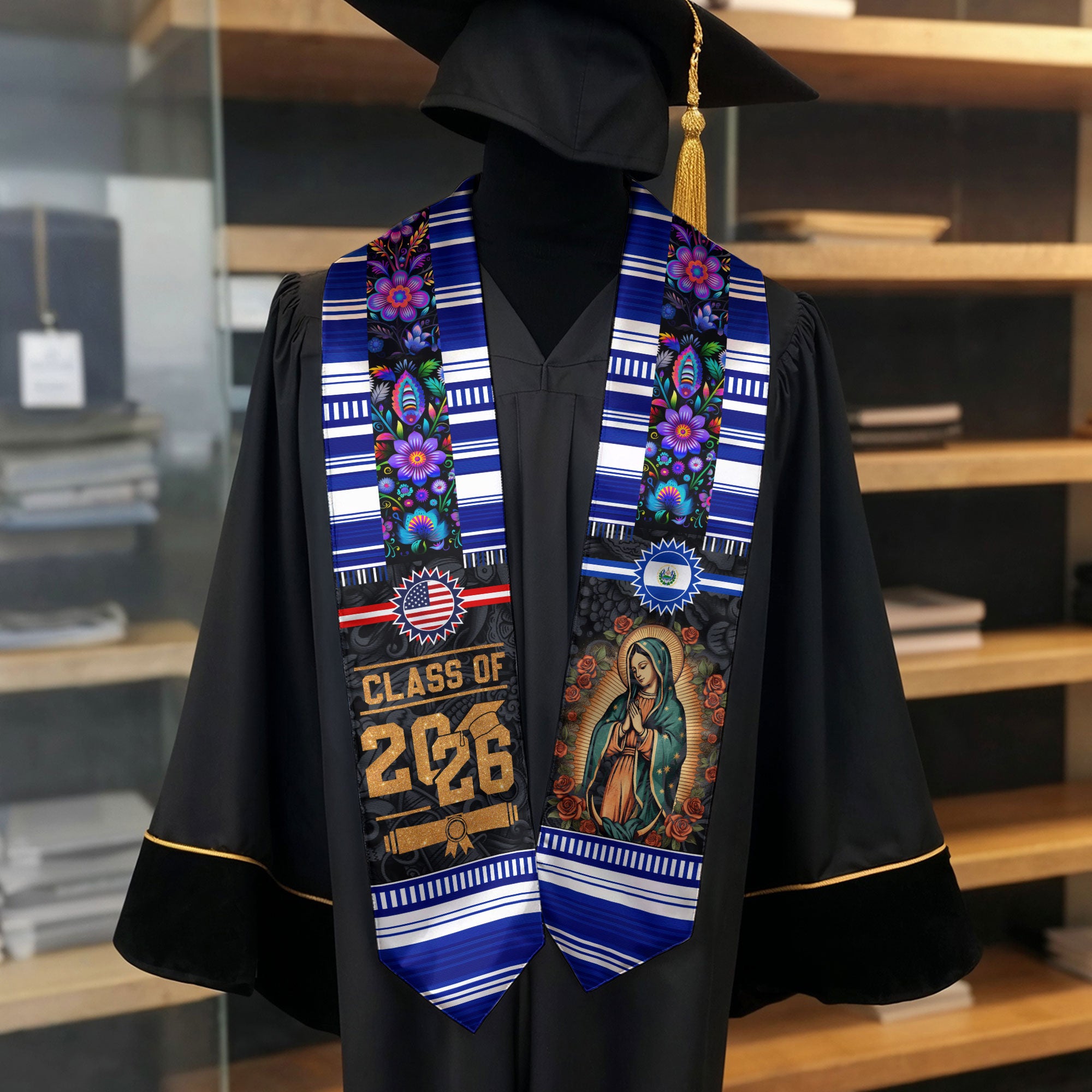 Salvadoran Flag Graduation Stole 2026, El Salvador Graduation Sash for Academic Ceremony Event