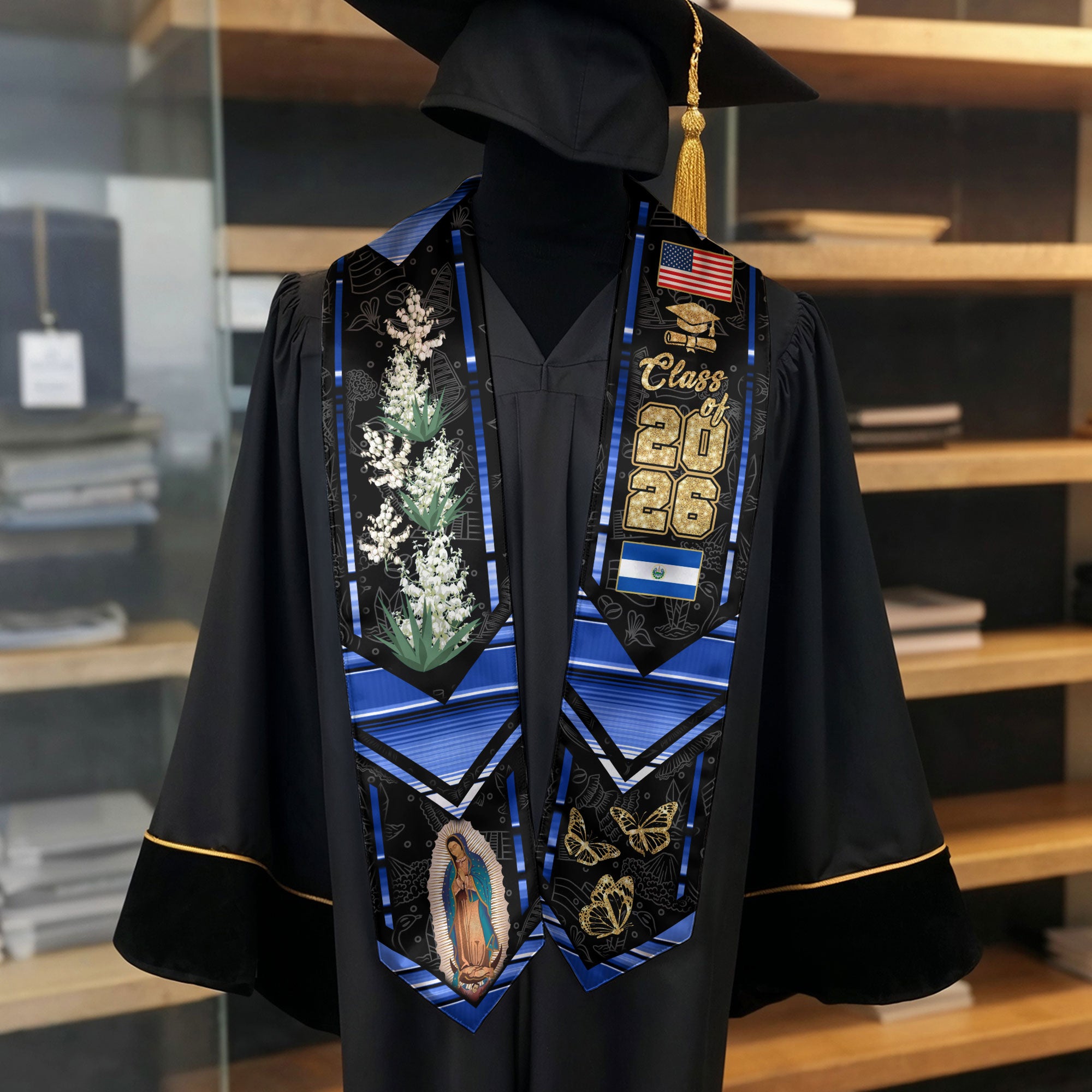 El Salvador Graduation Stole 2026, Salvadoran Flag Graduation Sash, Grad Stole
