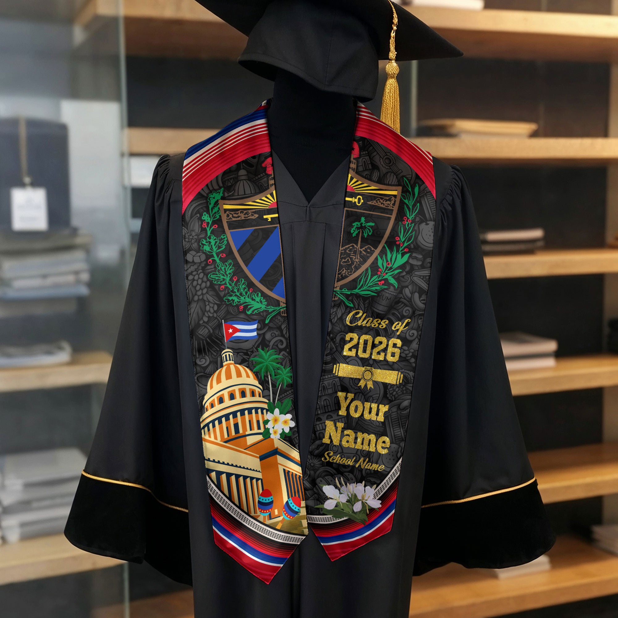 Cuban Flag Graduation Sash 2026, Cuba Stole, Signature Custom Finish for Graduates 2026