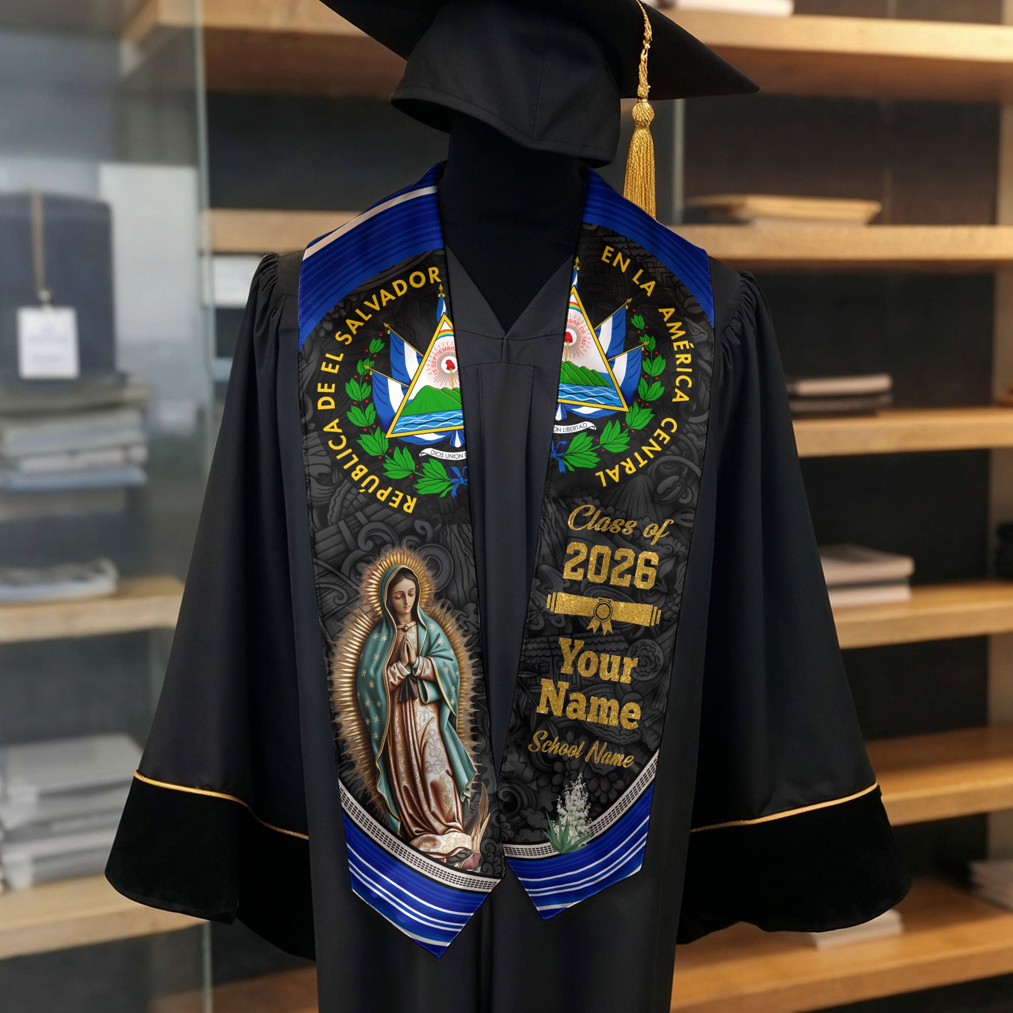 Salvadoran Flag Graduation Sash 2026, El Salvador Stole, Custom Graduation Stole
