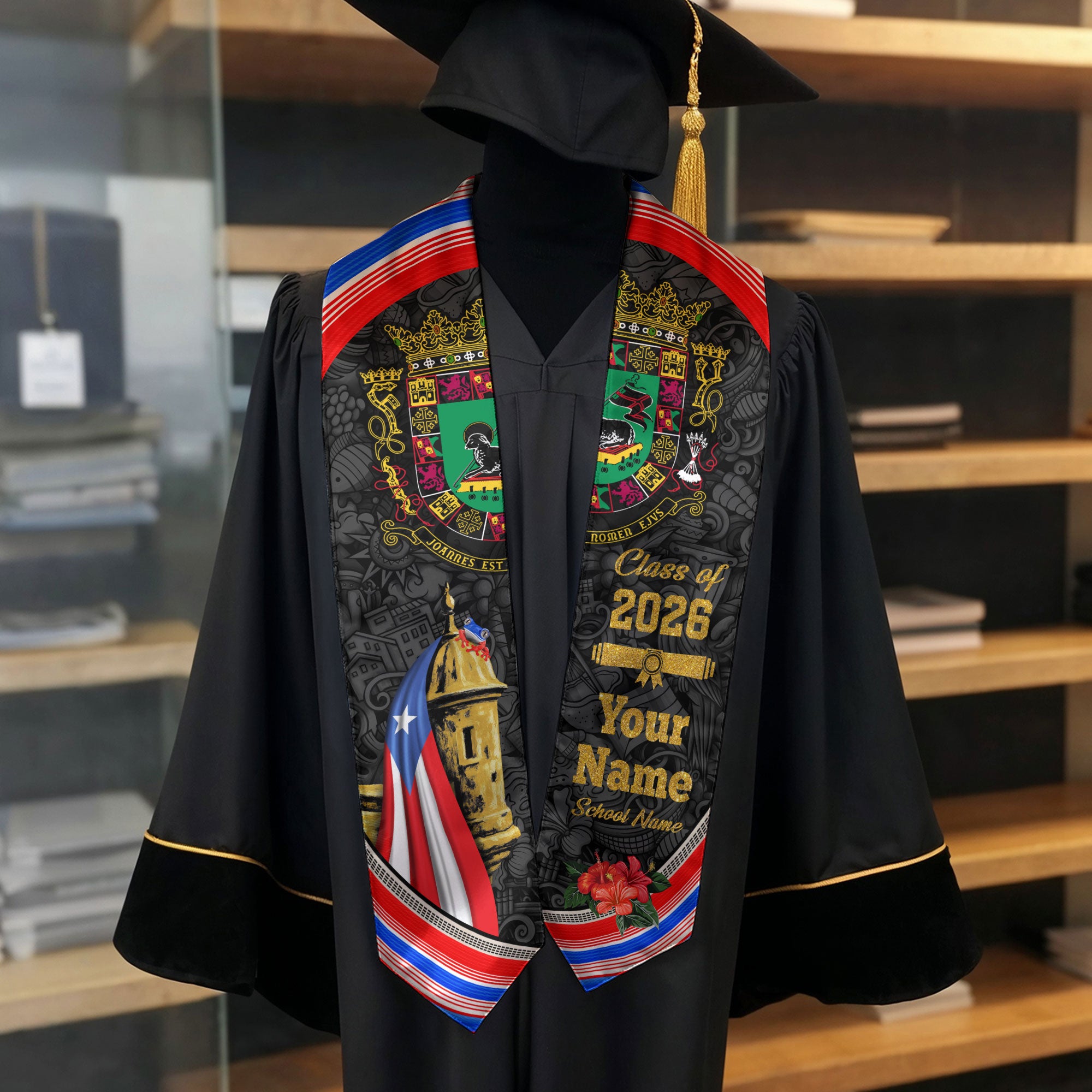 Puerto Rican Flag Graduation Sash 2026, PuertoRico Graduation Stole, Custom Accent 2026