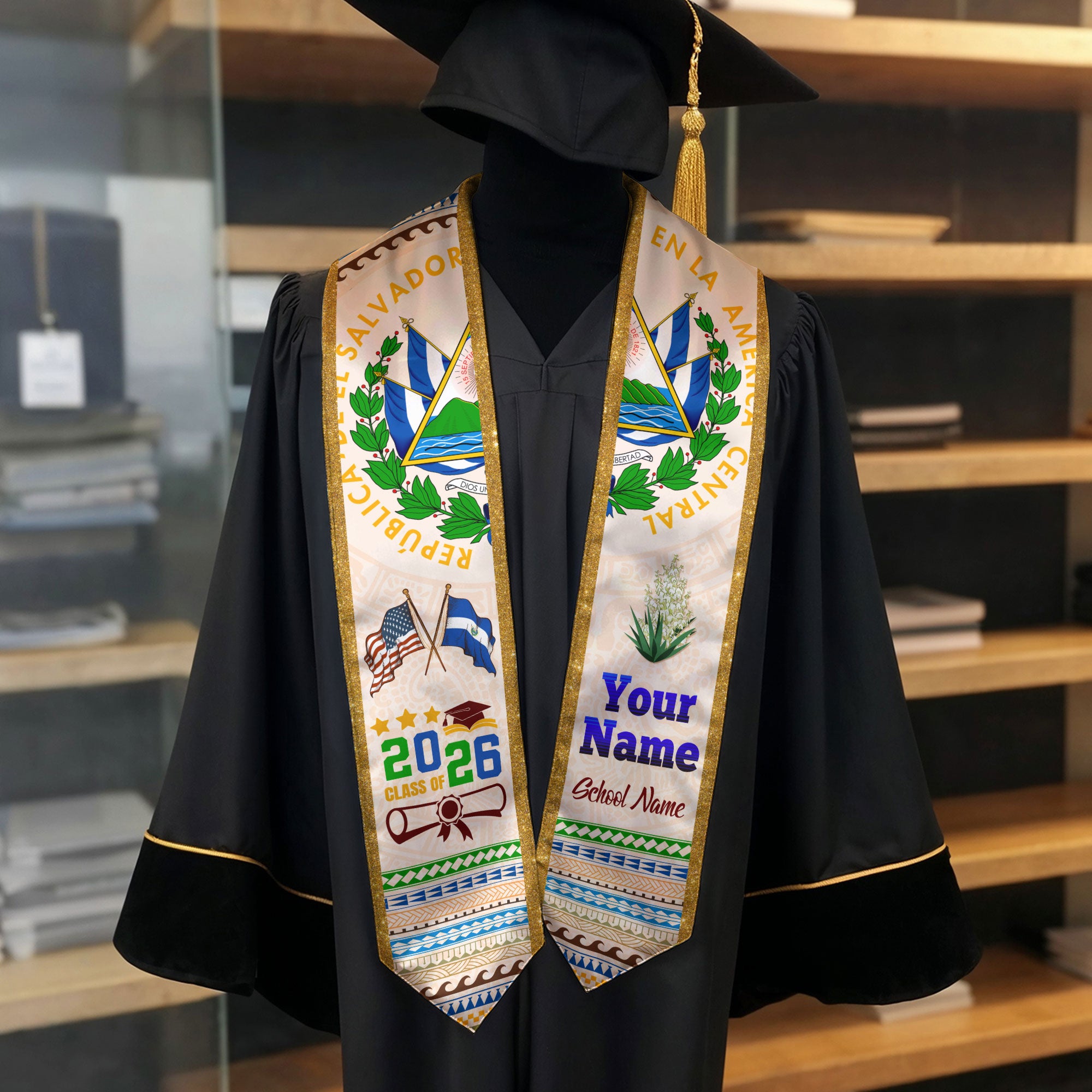 El Salvador Flag 2026, Graduation Stole 2026, Custom Sash, Salvadoran Graduation Stole 2026, Custom Stole