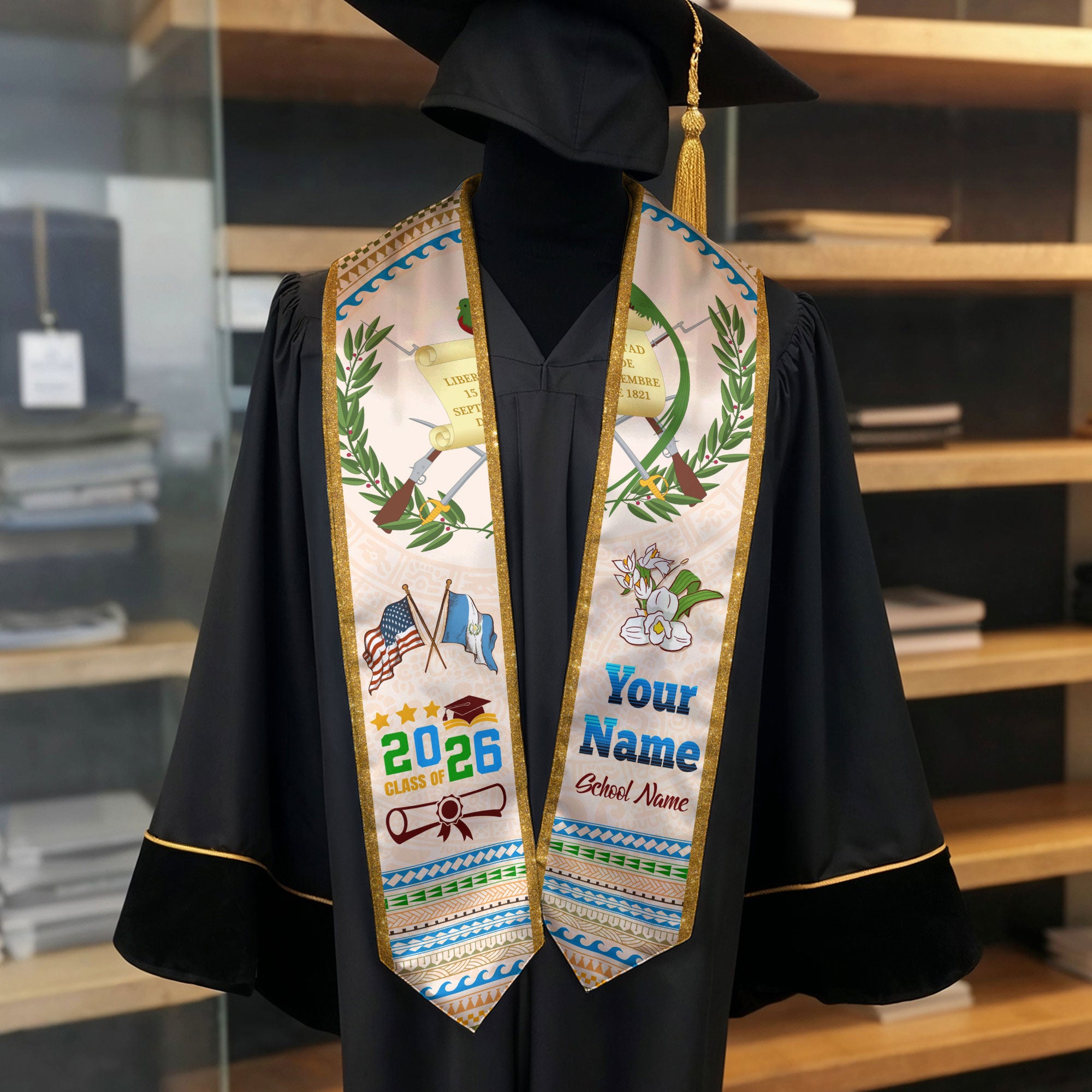 Guatemala Flag Graduation Stole 2026, Custom Sash, Guatemalan Graduation Stole