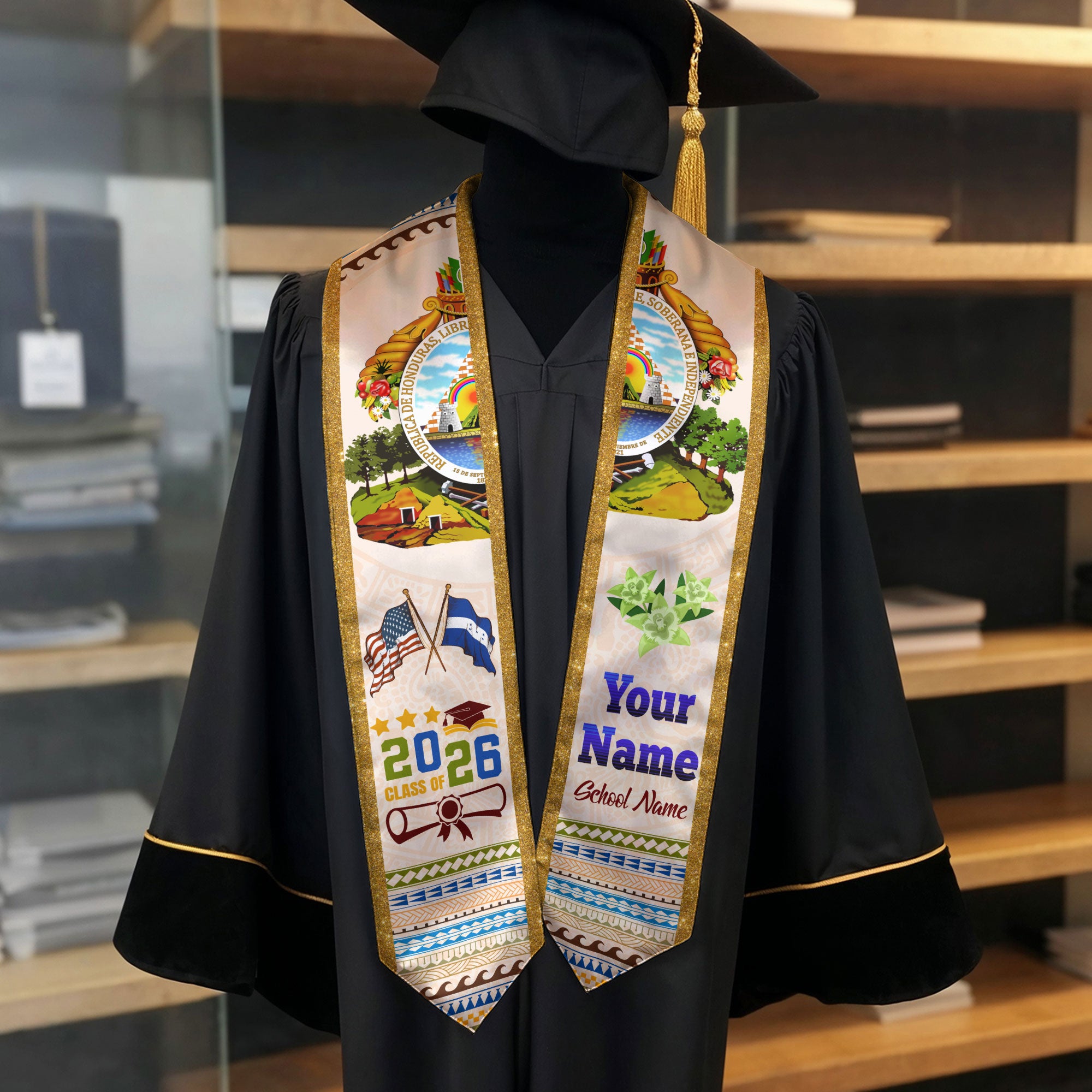 Honduras Flag Graduation Stole 2026, Honduran Grad Sash, Custom Option Class of 2026