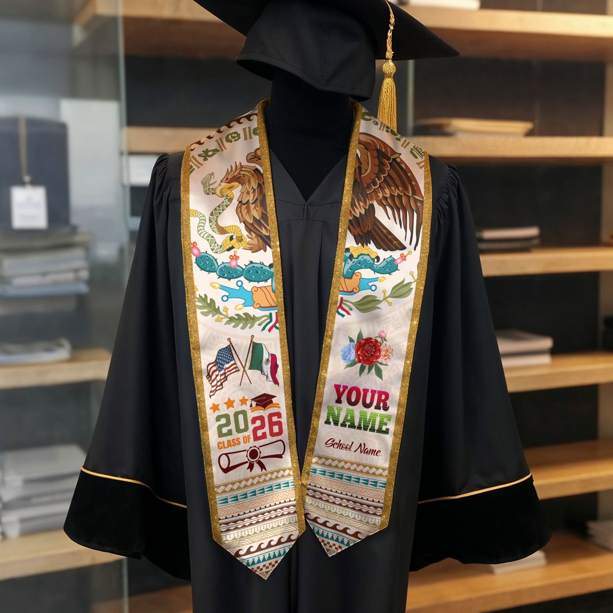 Mexico Graduation Stole 2026, Custom Mexican Graduation Sash, Mexican American Flag Stole