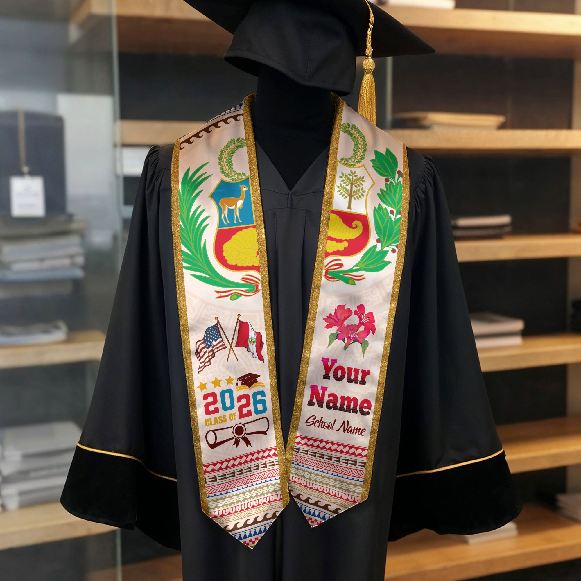 Peru Flag Graduation Stole 2026, Peruvian Grad Sash, Signature Finish for 2026 Grads