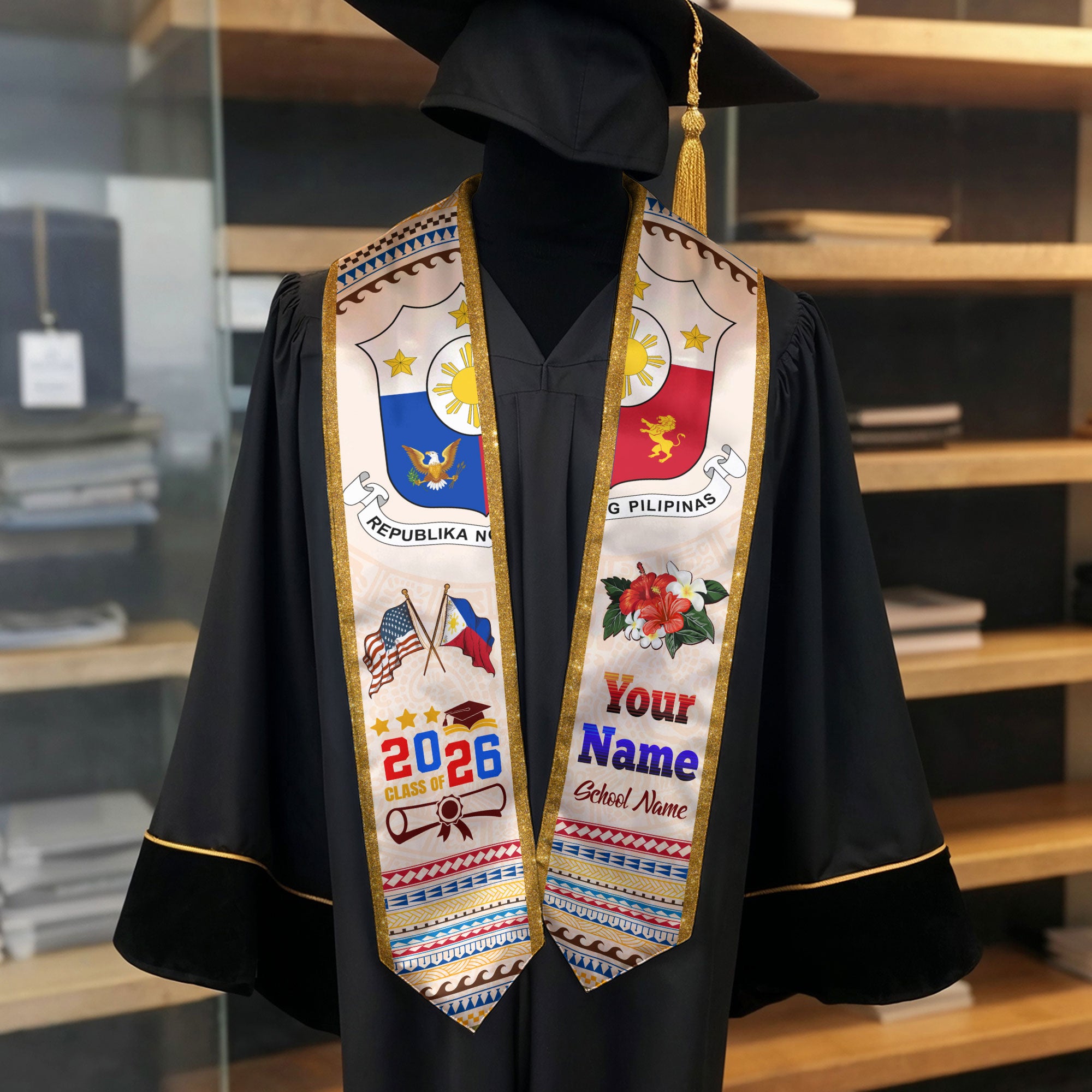 Philippines Flag Graduation Stole 2026, Custom Sash, Filipino Graduation Stole for Grads