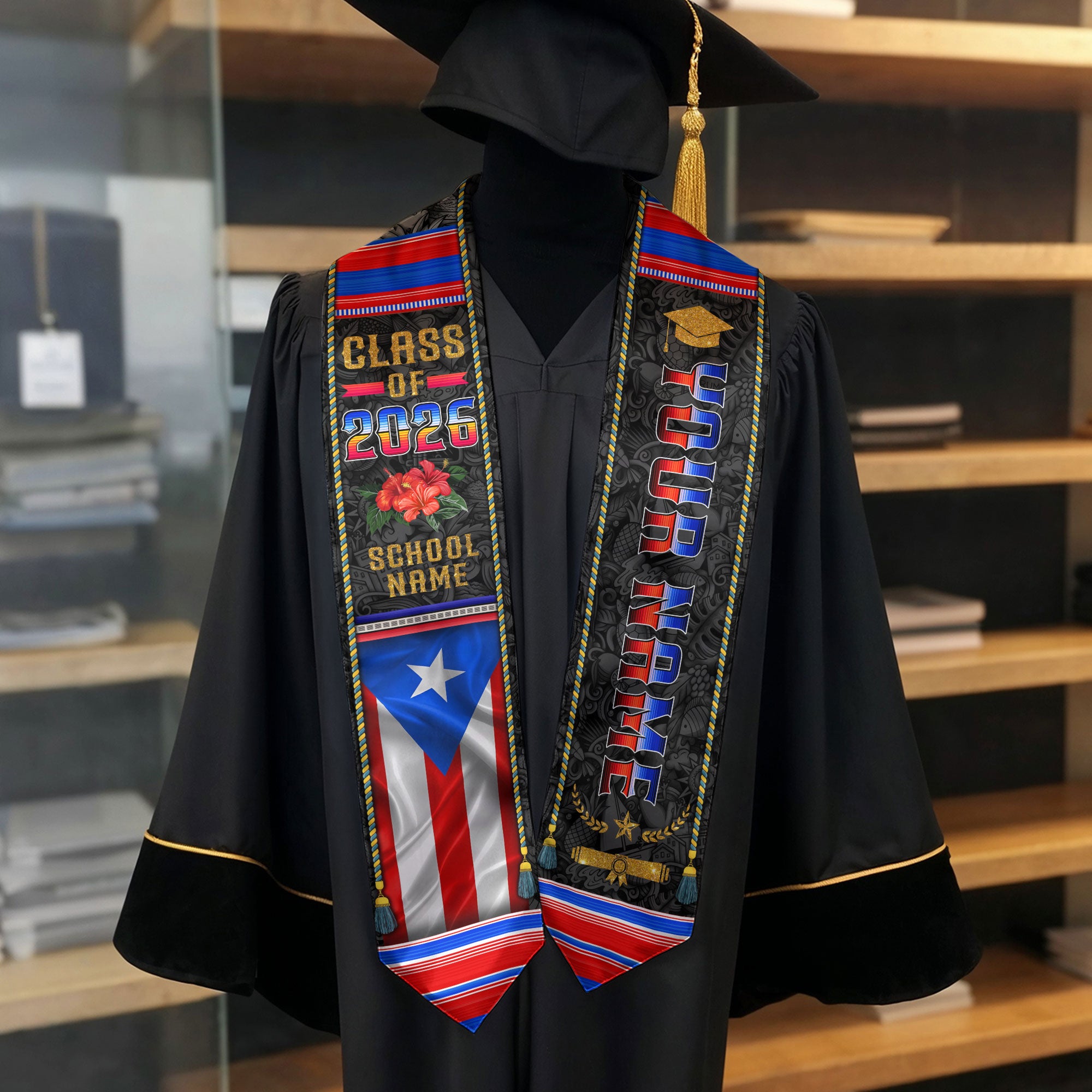 Puerto Rican Flag Graduation Stole 2026, Puerto Rico Stole Sash, Custom Finish for Grads