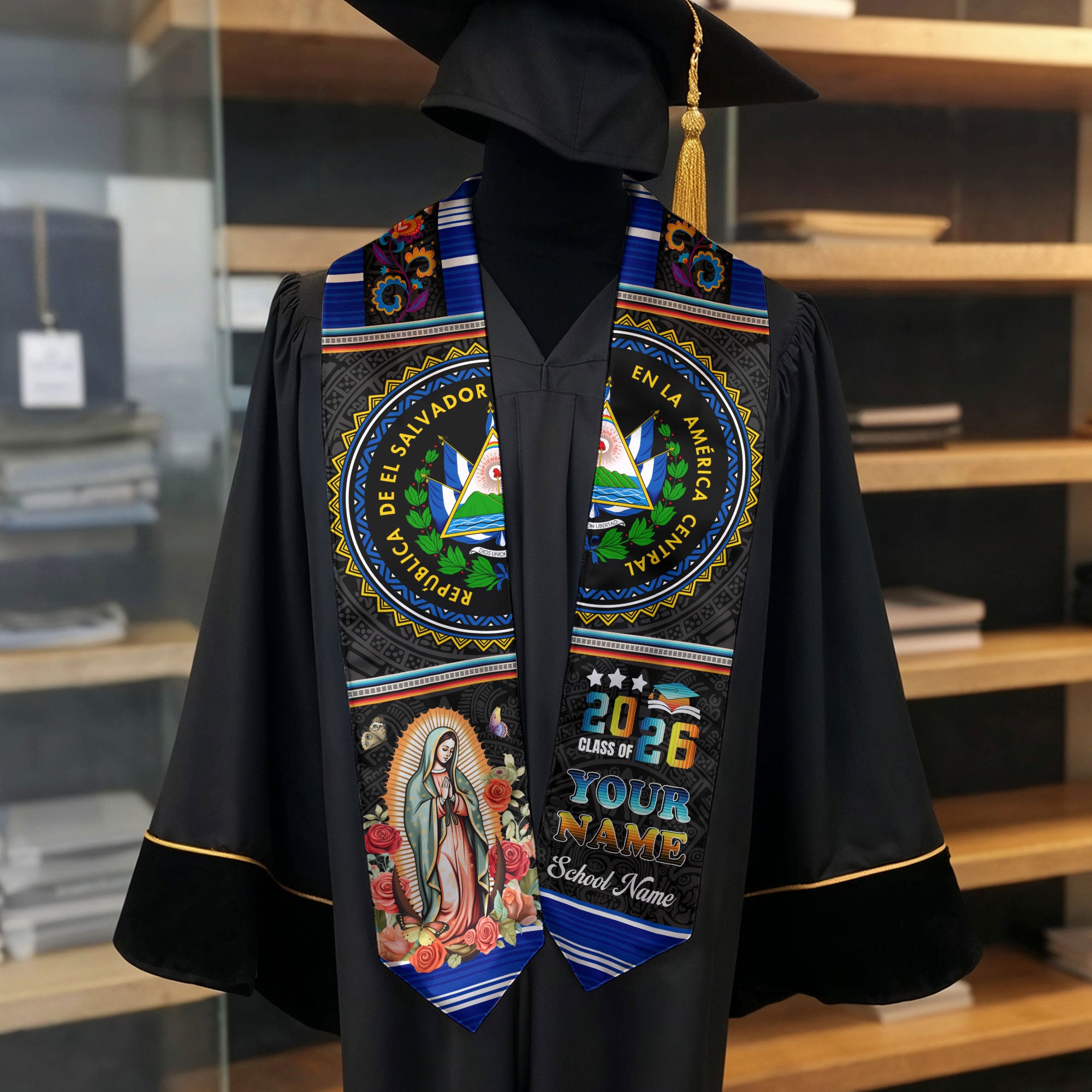 Salvadoran Graduation Stole 2026, El Salvador Flag Sash, Custom Grad Sash for 2026