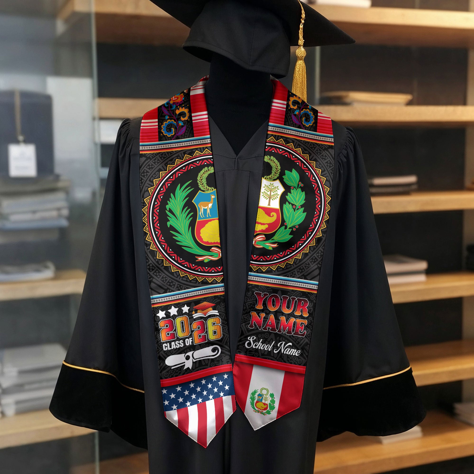 Peru Graduation Stole 2026, Peruvian Flag Sash, Custom-Ready Style for Class of 2026