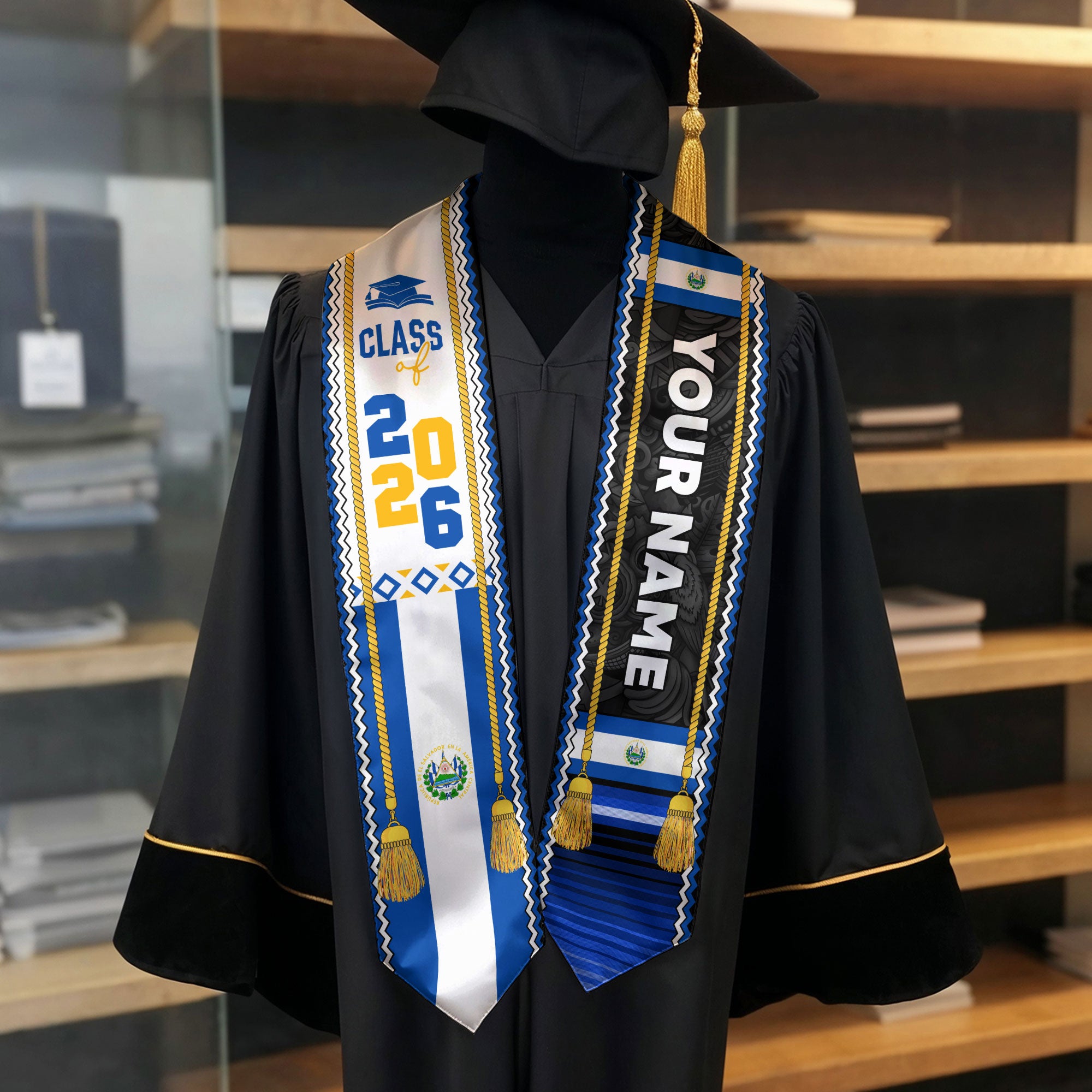 2026 El Salvador Graduation Stole, Salvadoran Flag-Inspired Graduation Accessory