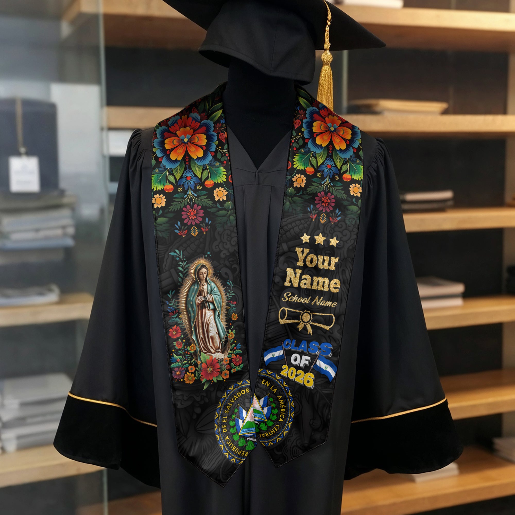 El Salvador Graduation Stole 2026, Salvadoran Flag Sash, Cultural Graduation Accessory