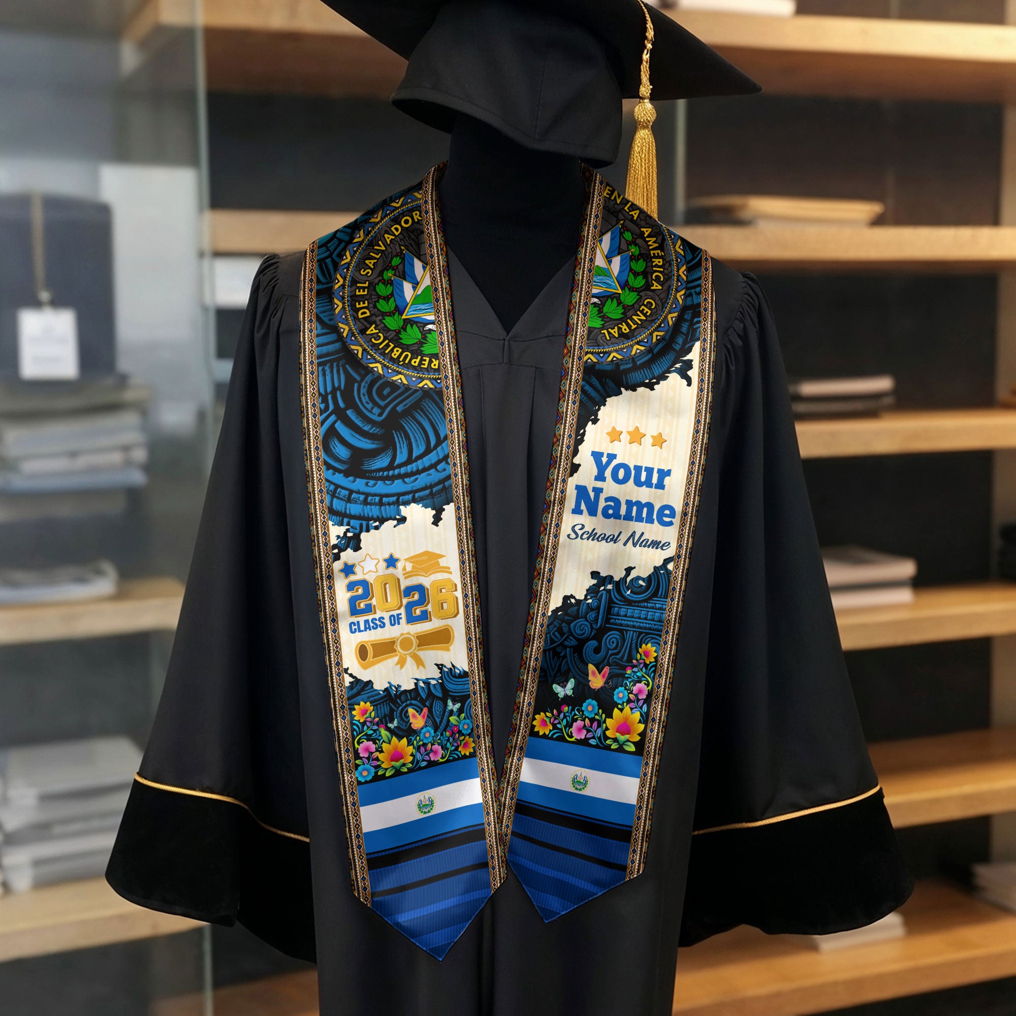 2026 El Salvador Stole, Graduation Sash for El Salvador Pride, Flag-Inspired Sash