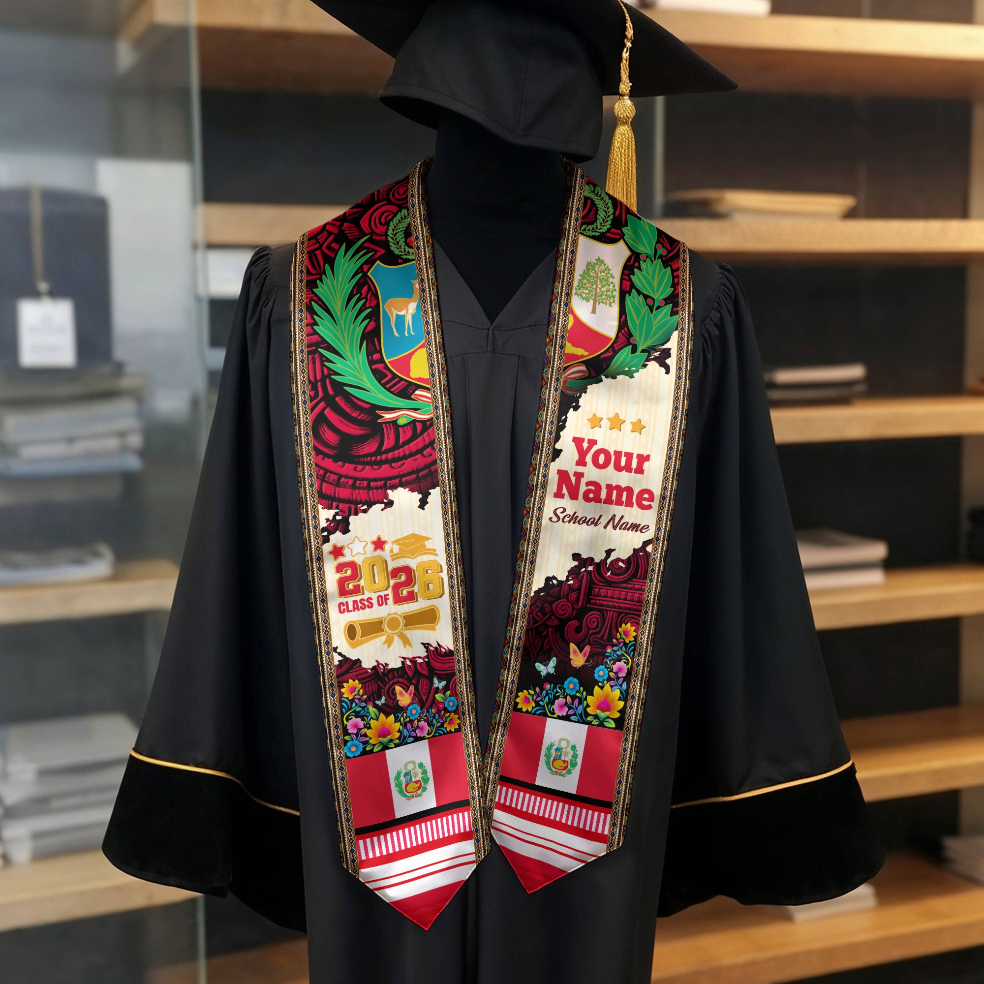 2026 Peru Graduation Stole, Peruvian Stole, Peruvian Flag Graduation Sash