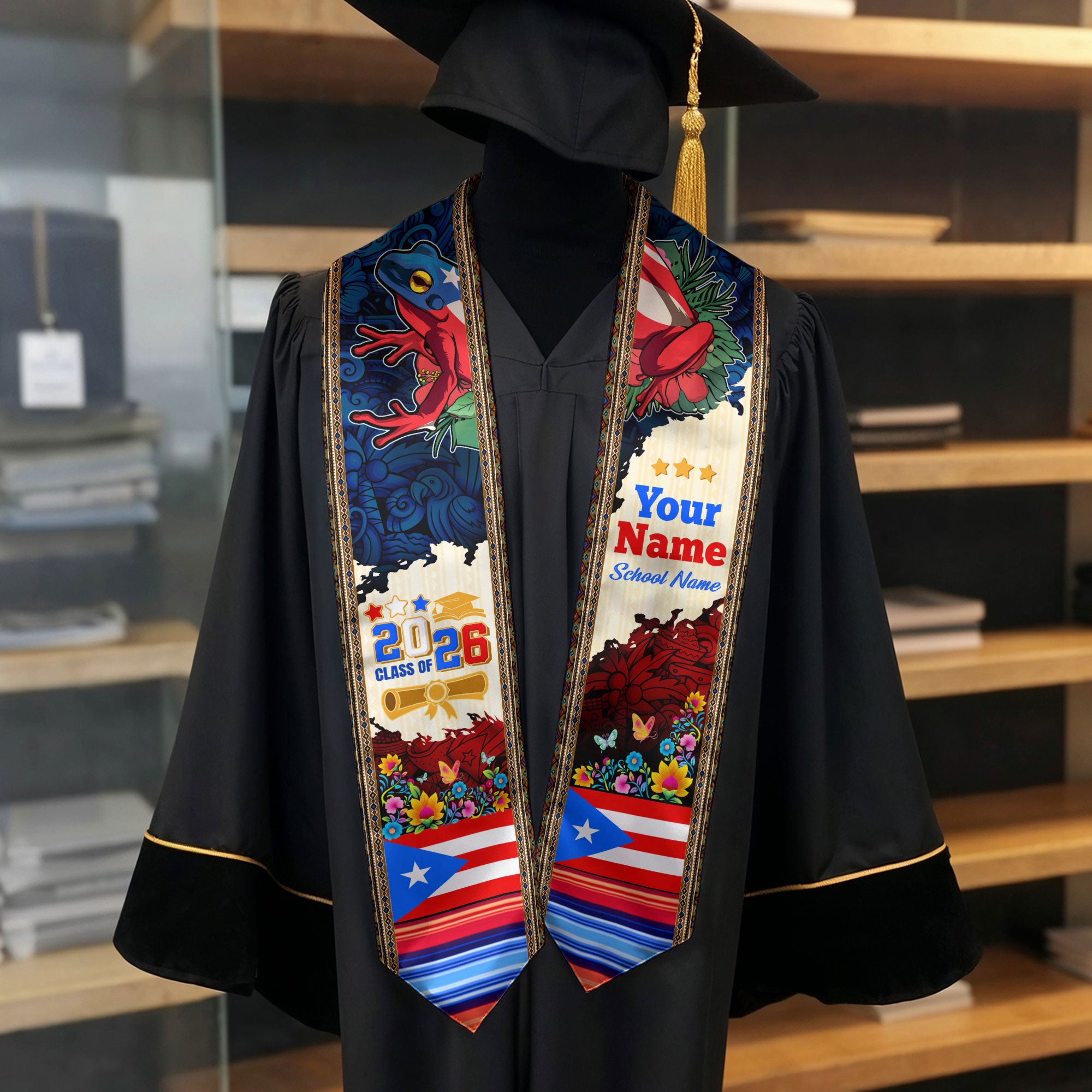 Puerto Rico Flag Graduation Stole 2026, Puerto Rican Graduation Sash, Custom Finish