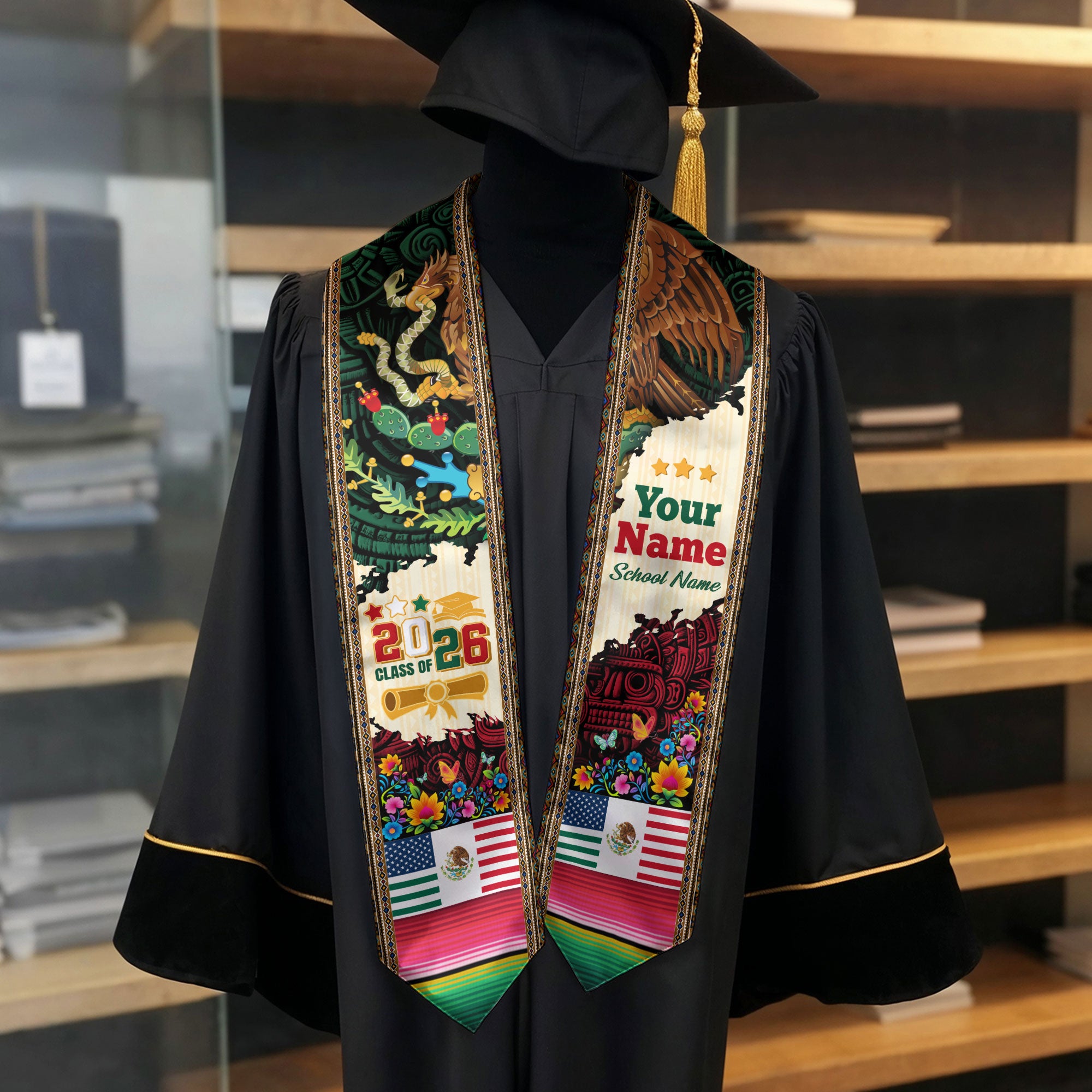 Mexico Flag Graduation Stole 2026, Mexican Grad Sash, Custom-Ready Gift Stole 2026