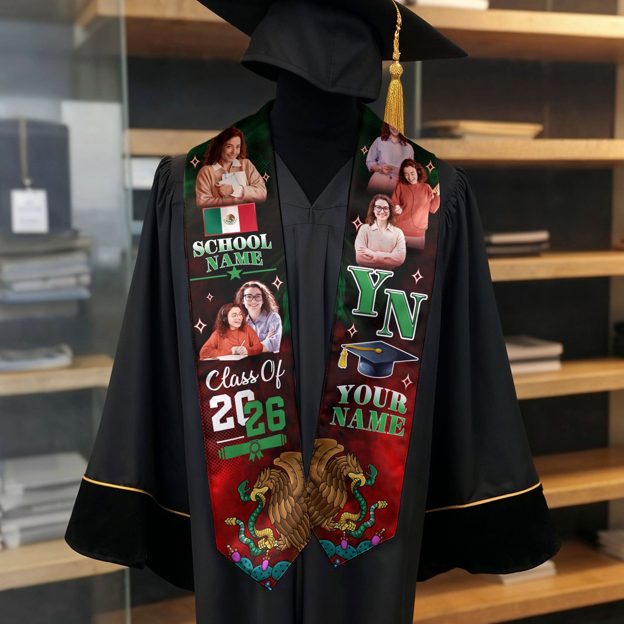 Mexico Graduation Stole 2026, Mexican Flag Sash, Personalized Detail for Graduation