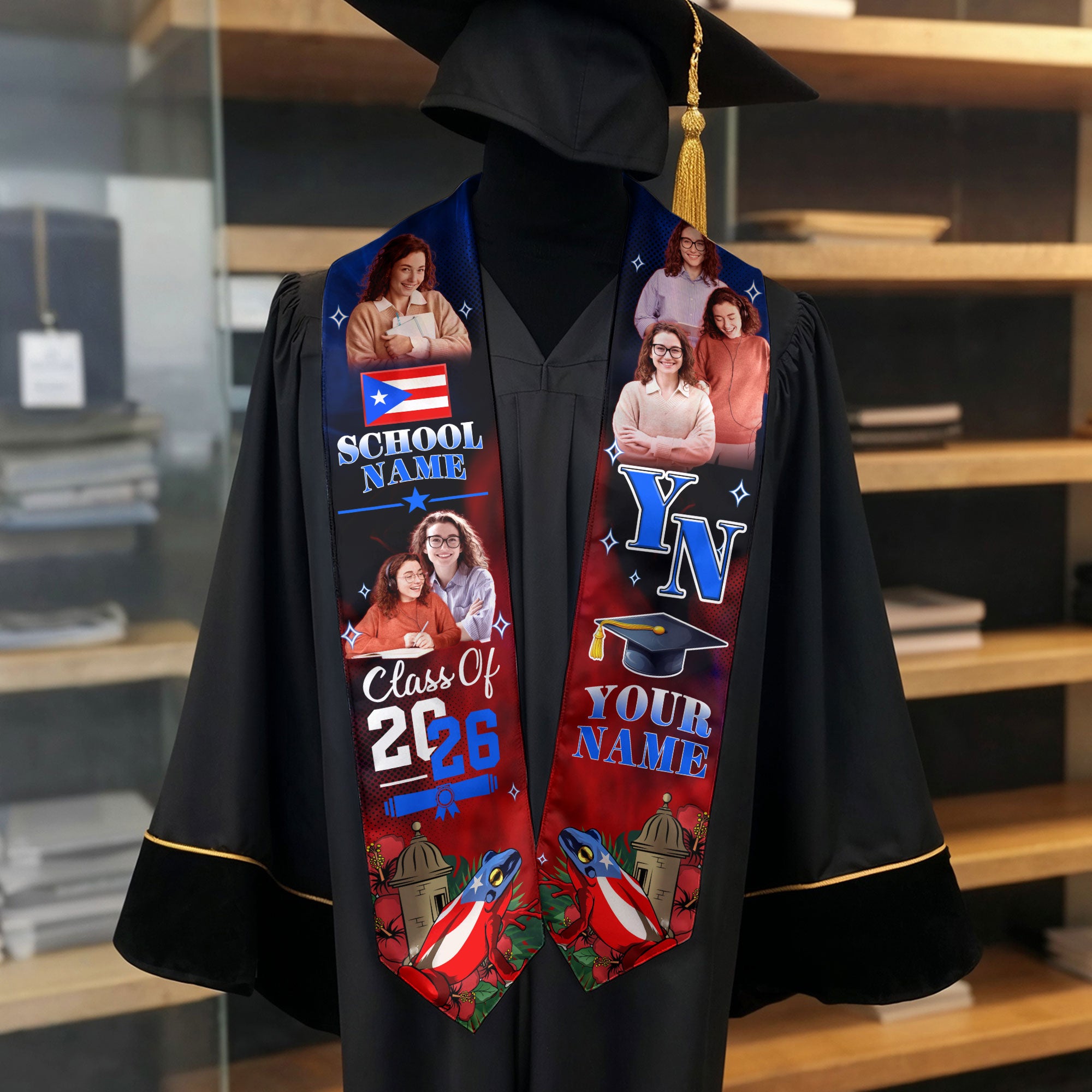 Puerto Rico Graduation Stole 2026, Puerto Rican Flag Sash, Add Your Name Detail, Grads